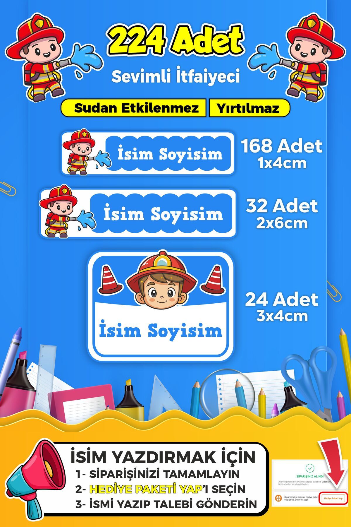 SB store Sevimli İtfaiyeci Temalı Okul Kreş Kişiye Özel İsim Etiket Seti - Model 316