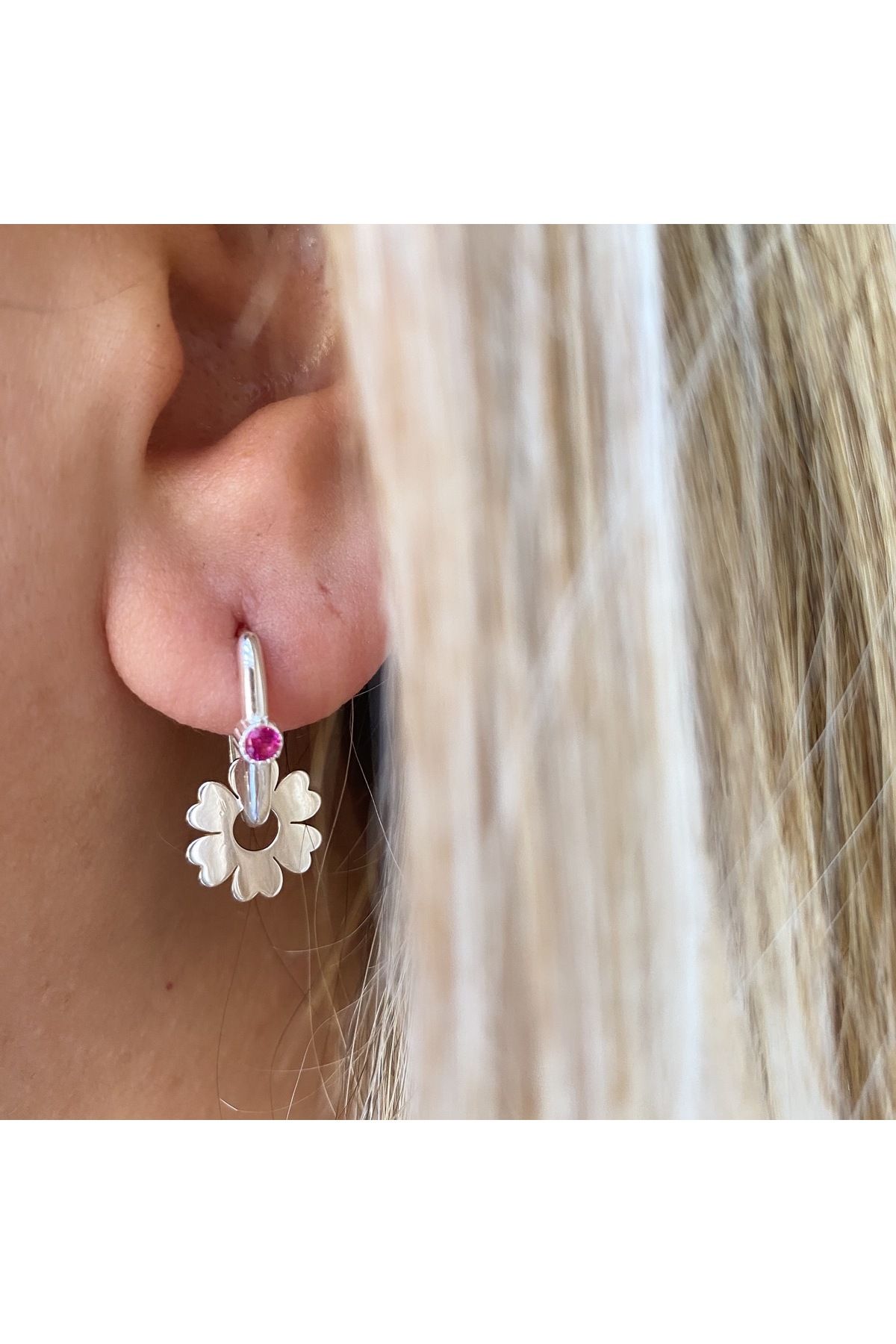 simurg jewellery Pembe Taşlı Beyaz Gümüş Göçmen Küpe
