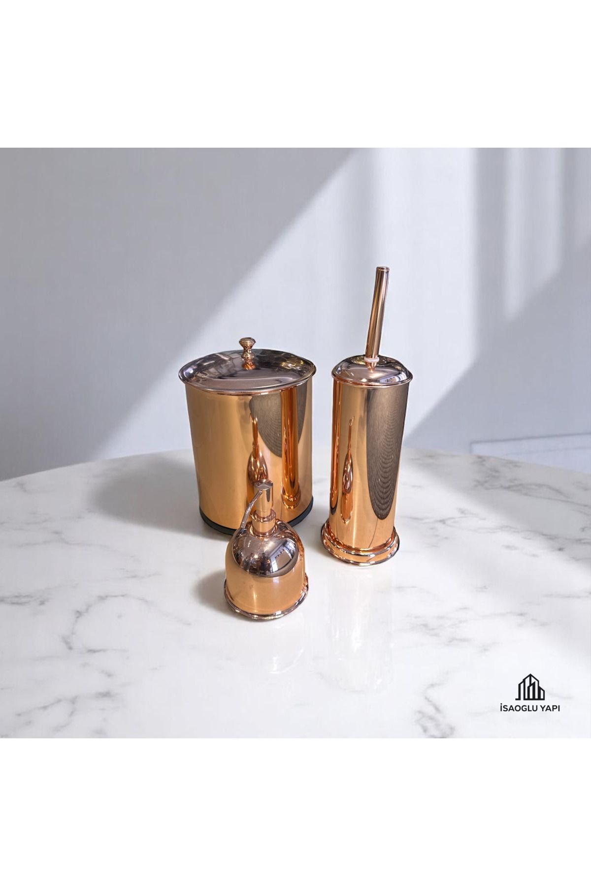 İSAOĞLU YAPI Bakır Çöp Kovası Bakır Fırça Bakır Sıvı Sabunluk Metal Premium Set Bronz Bakır
