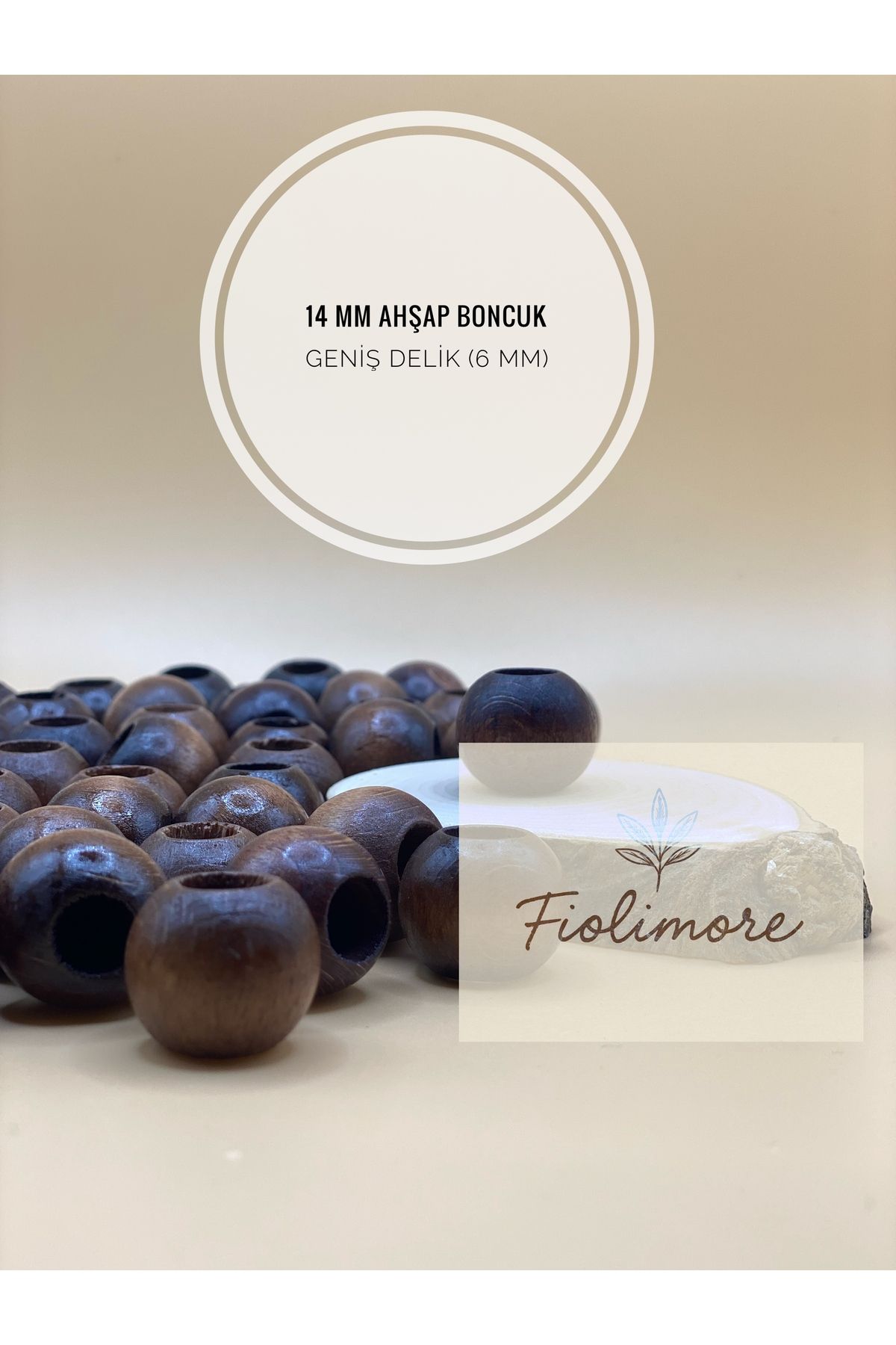 Fiolimore Kahverengi Ahşap Boncuk 14 mm (50 Gram 60 Adet) Delik Çapı 6 mm Yuvarlak Tahta Renkli Geniş Delik