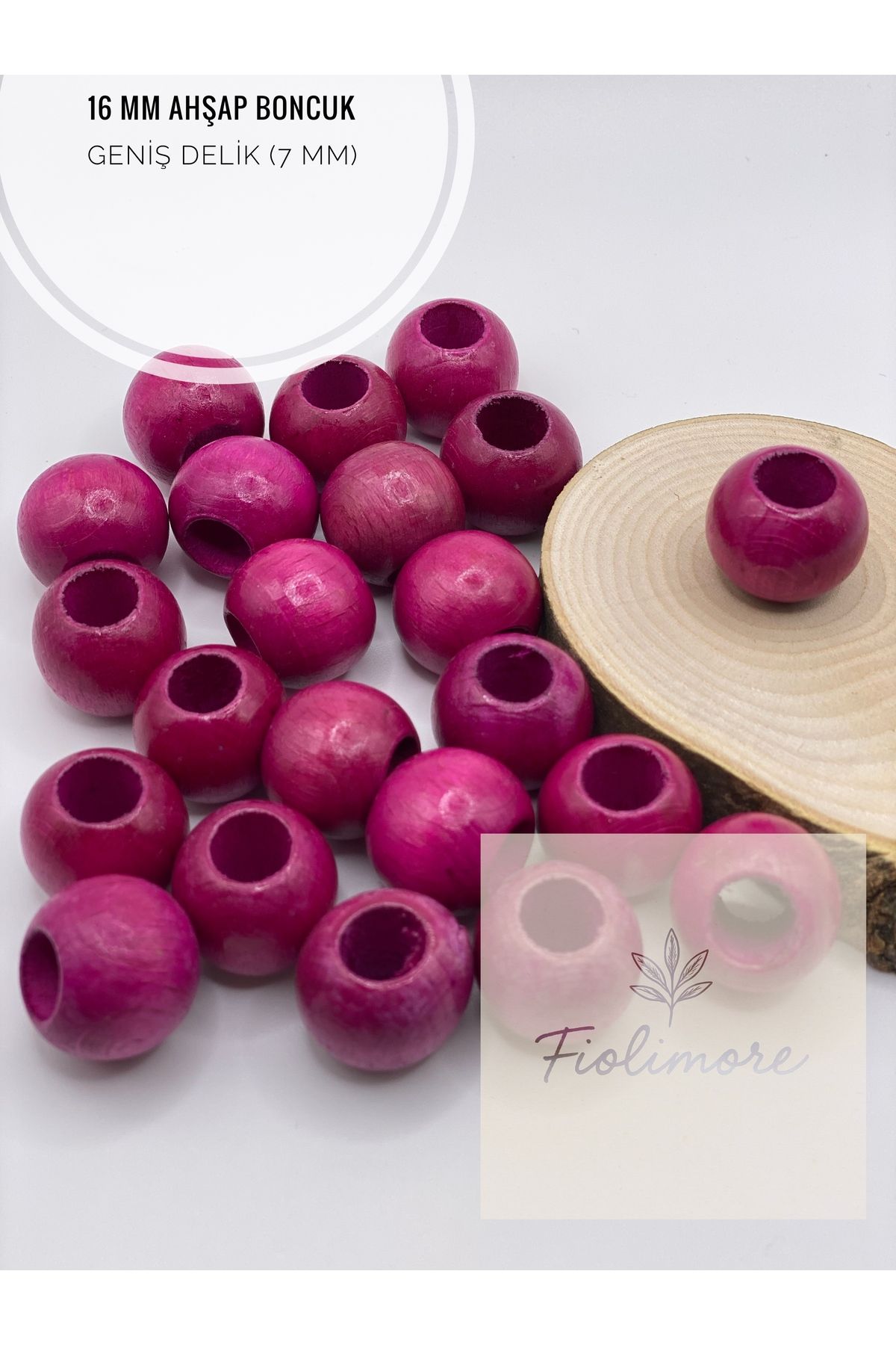 Fiolimore Fuşya Pembe Ahşap Boncuk 16 mm (50 Gram 40 Adet) Delik Çapı 7 mm Yuvarlak Tahta Renkli Geniş Delik