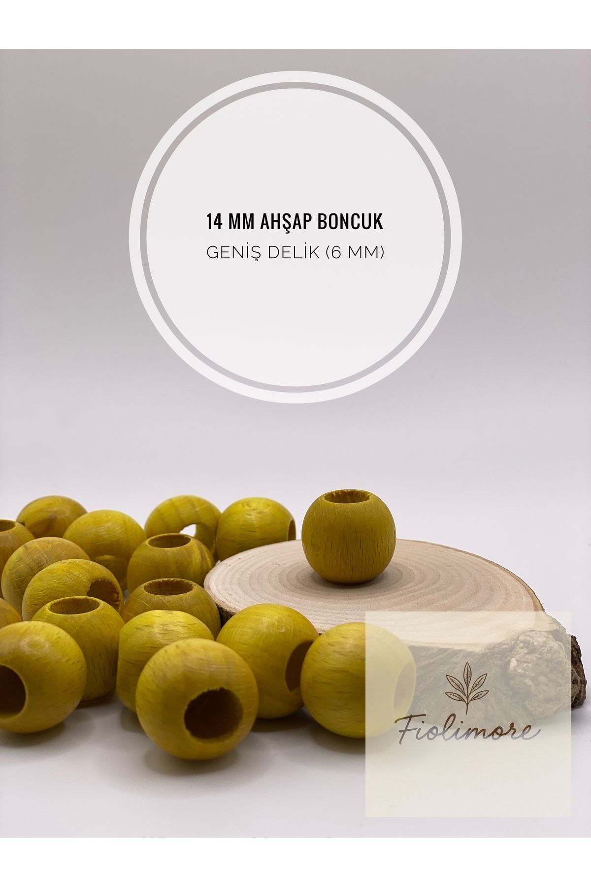 Fiolimore Sarı Ahşap Boncuk 14 mm (50 Gram 60 Adet) Delik Çapı 6 mm Yuvarlak Tahta Renkli Boncuk Geniş Delik