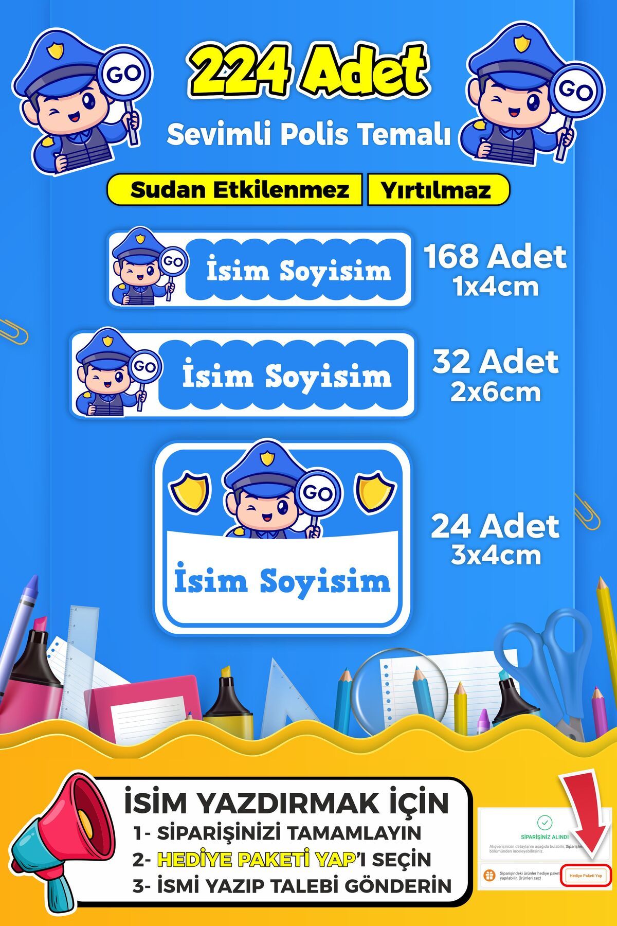 SB store Sevimli Polis Temalı Okul Kreş Kişiye Özel İsim Etiket Seti - Model 314