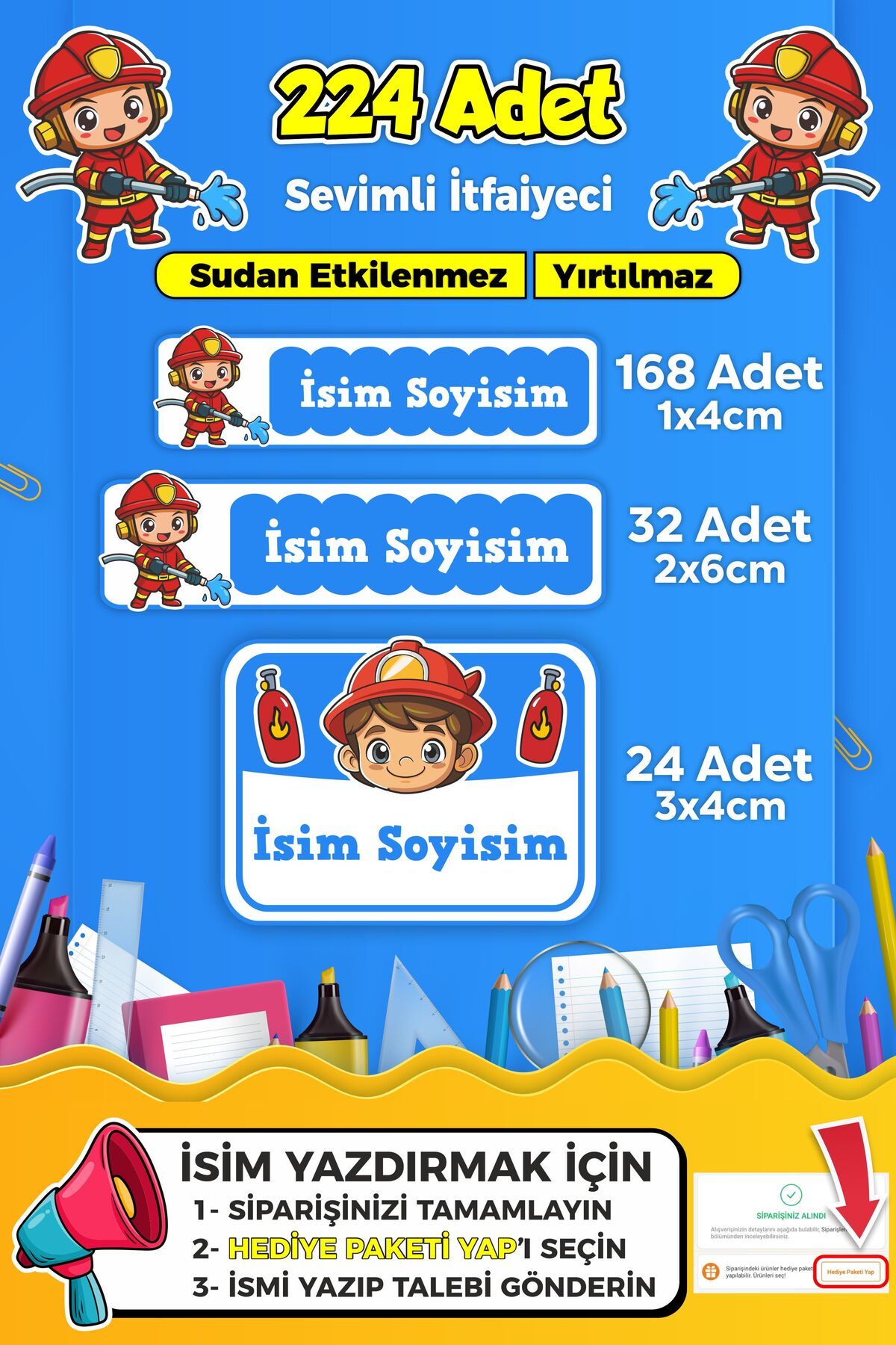 SB store Sevimli İtfaiyeci Temalı Okul Kreş Kişiye Özel İsim Etiket Seti - Model 318