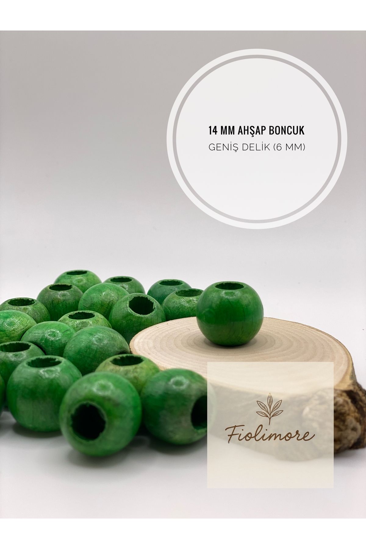 Fiolimore Fıstık Yeşil Ahşap Boncuk 14 mm (50 Gram 60 Adet) Delik Çapı 6 mm Yuvarlak Tahta Renkli Geniş Delik