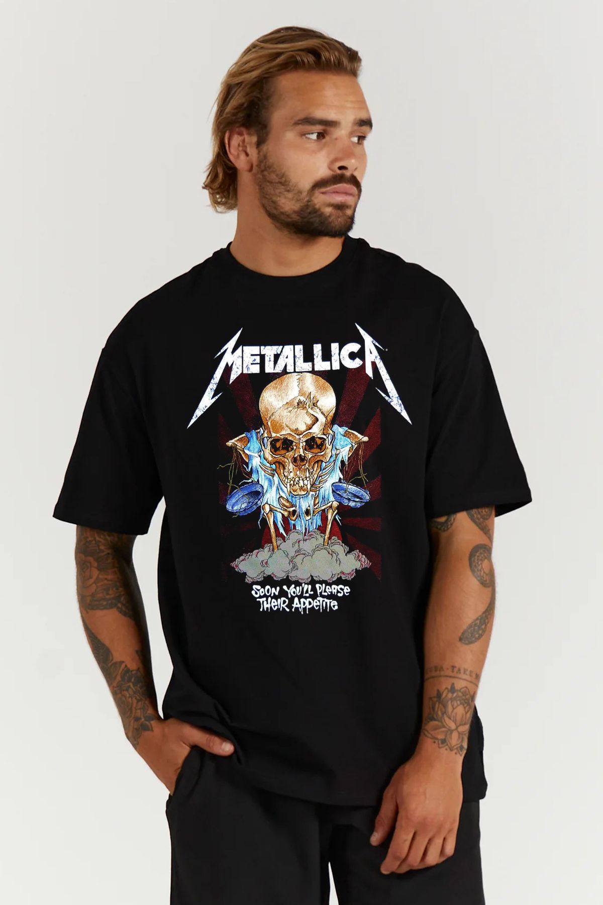 MODA Metallica Baskılı Oversize Kalıp Siyah Geniş Bol Kesim Erkek Tişört
