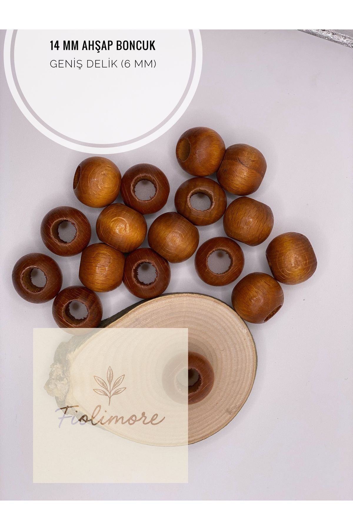 Fiolimore Taba Kahve Ahşap Boncuk 14 mm (50 Gram 60 Adet) Delik Çapı 6 mm Yuvarlak Tahta Renkli Geniş Delik