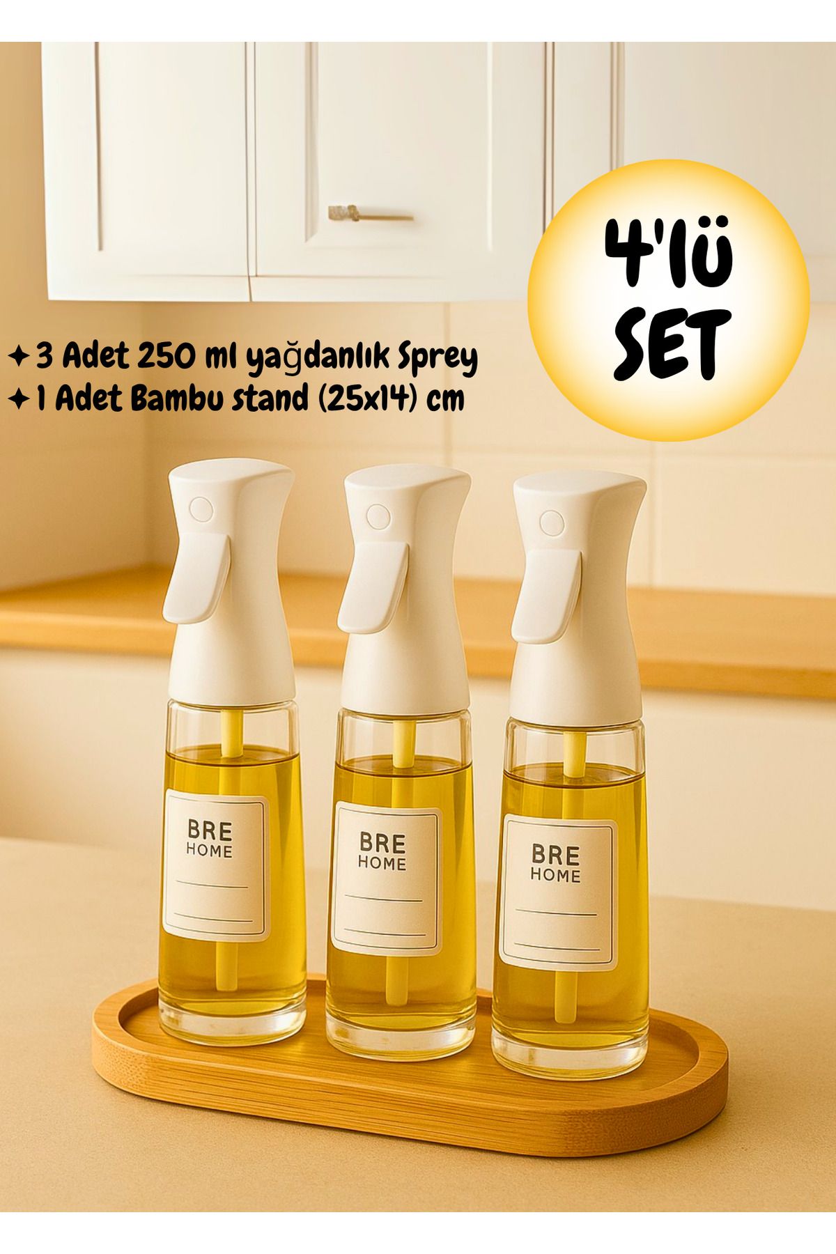 BRE HOME 3'lü Cam Yağ Sprey Şişesi Seti – 250 ml – Bambu Oval Standlı Yağlık – Zeytinyağı, Sirke, Sos için