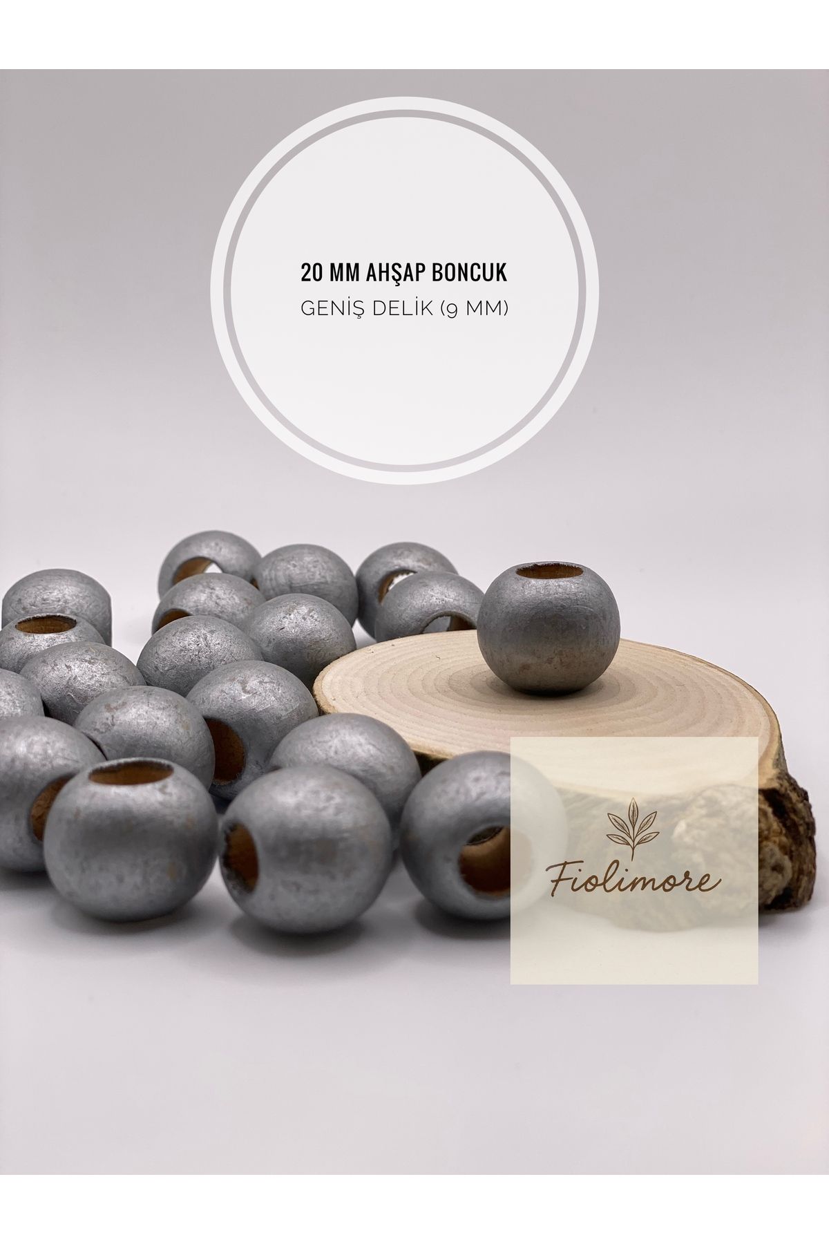 Fiolimore Gri Parlak Ahşap Boncuk 20 mm (50 Gram 22 Adet) Delik Çapı 9 mm Yuvarlak Tahta Renkli Geniş Delik