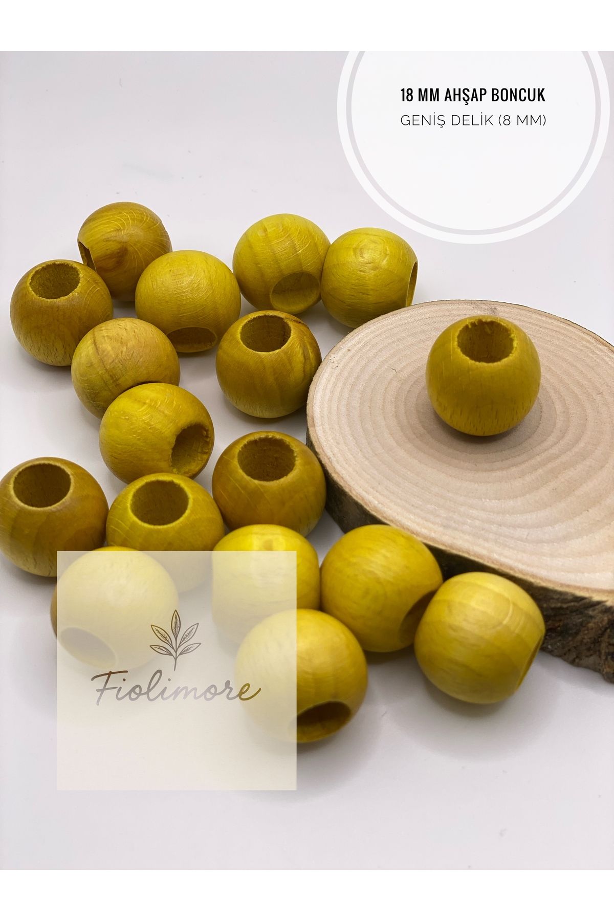 Fiolimore Sarı Ahşap Boncuk 18 mm (50 Gram 30 Adet) Delik Çapı 8 mm Yuvarlak Tahta Renkli Boncuk Geniş Delik