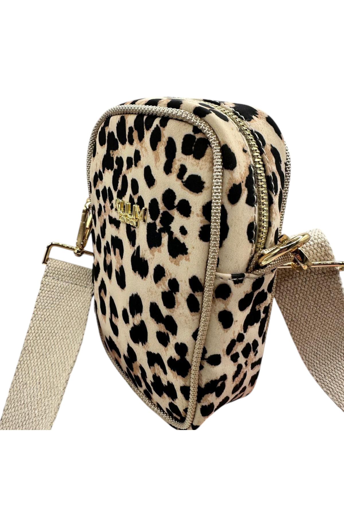KUUM LONDON Kumm London Premium Bej Leopar Desen Çapraz Askılı Dikey El ve Omuz Kadın Çantası