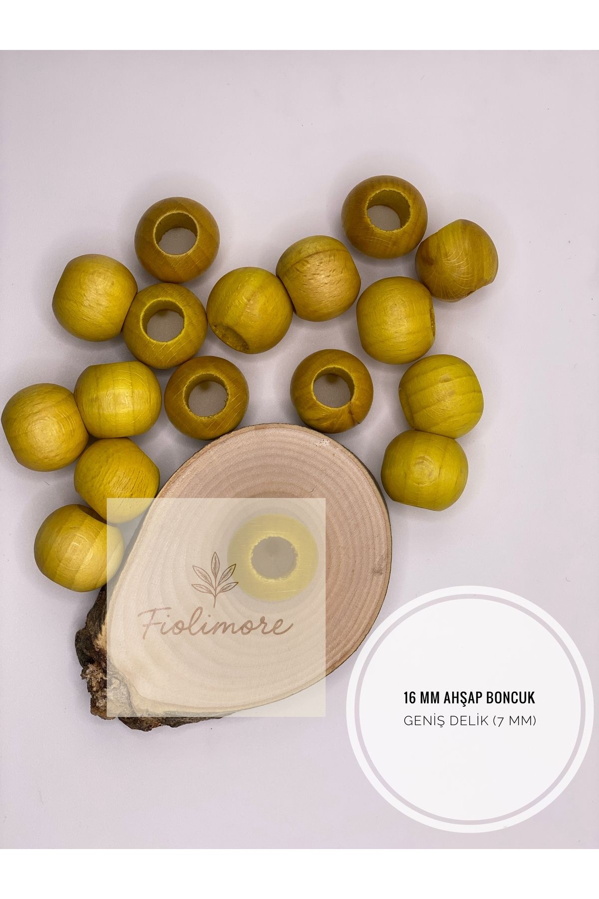 Fiolimore Sarı Ahşap Boncuk 16 mm (50 Gram 40 Adet) Delik Çapı 7 mm Yuvarlak Tahta Renkli Boncuk Geniş Delik