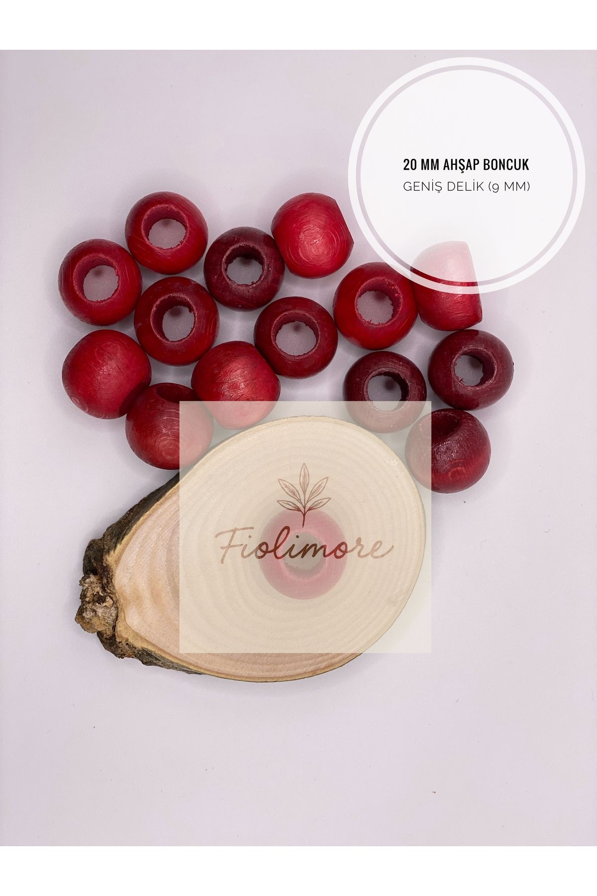 Fiolimore Kırmızı Ahşap Boncuk 20 mm (50 Gram 22 Adet) Delik Çapı 9 mm Yuvarlak Tahta Renkli Geniş Delik