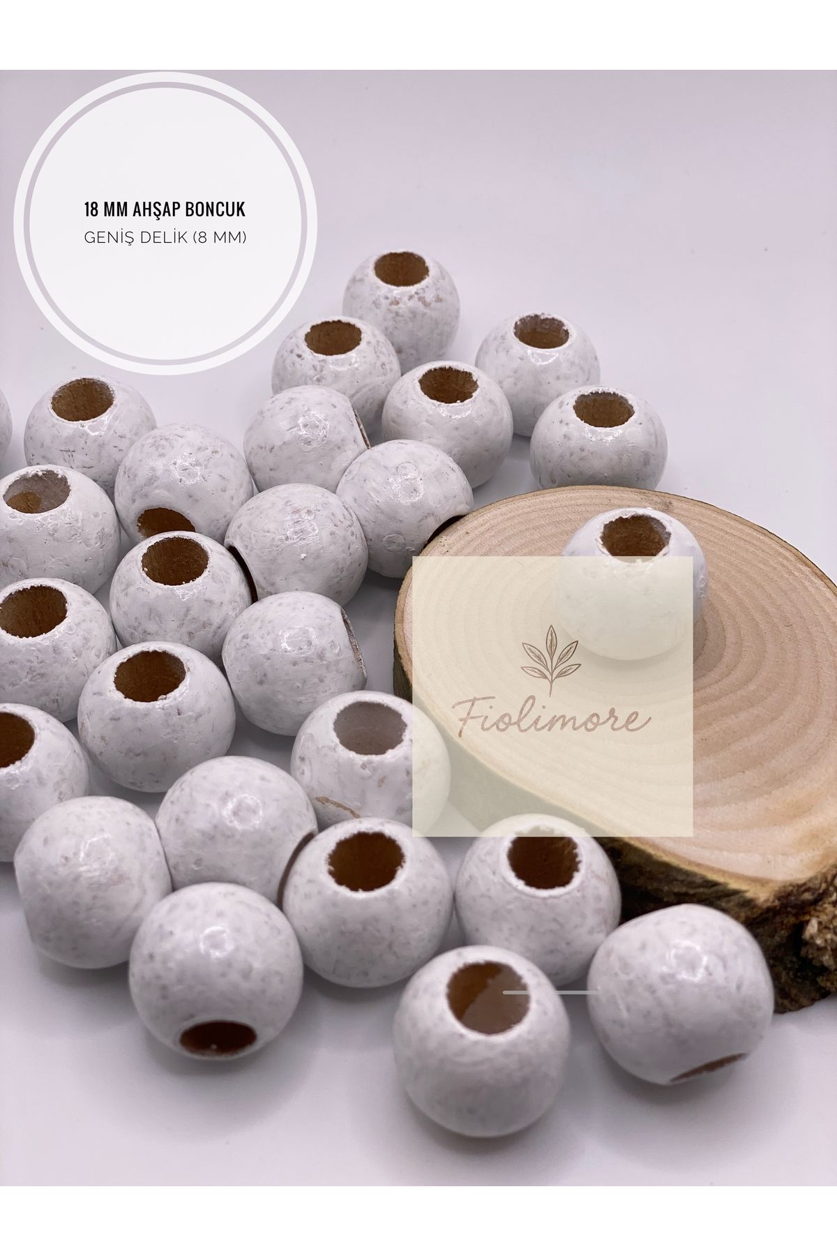 Fiolimore Beyaz Ahşap Boncuk 18 mm (50 Gram 30 Adet) Delik Çapı 8 mm Yuvarlak Tahta Renkli Boncuk Geniş Delik
