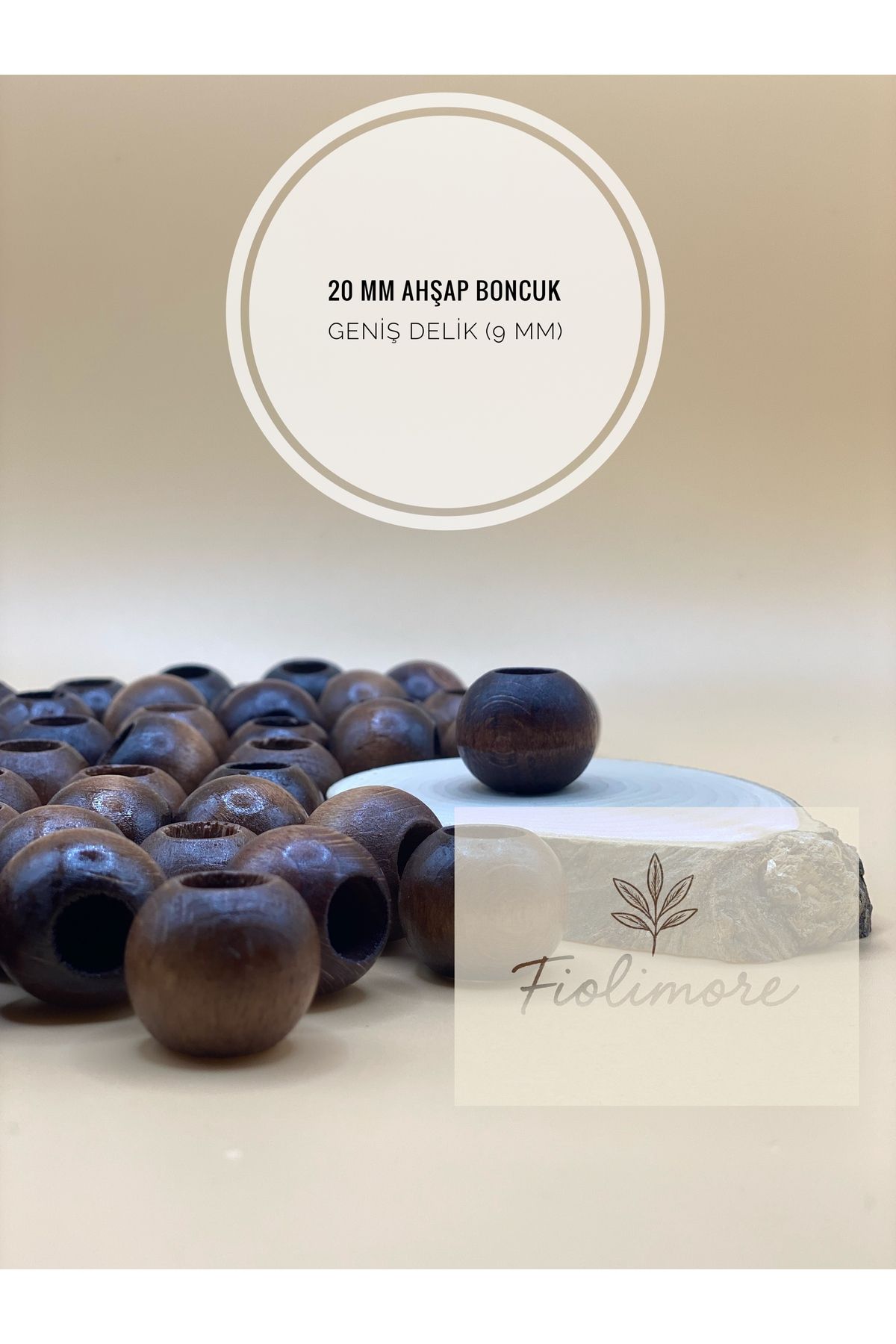 Fiolimore Kahverengi Ahşap Boncuk 20 mm (50 Gram 22 Adet) Delik Çapı 9 mm Yuvarlak Tahta Renkli Geniş Delik