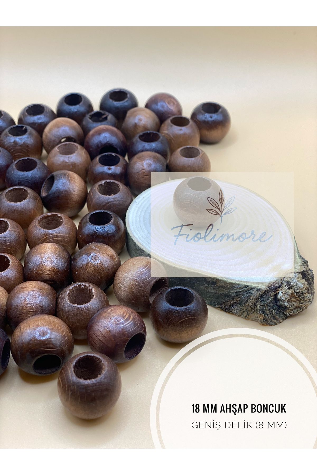 Fiolimore Kahverengi Ahşap Boncuk 18 mm (50 Gram 30 Adet) Delik Çapı 8 mm Yuvarlak Tahta Renkli Geniş Delik