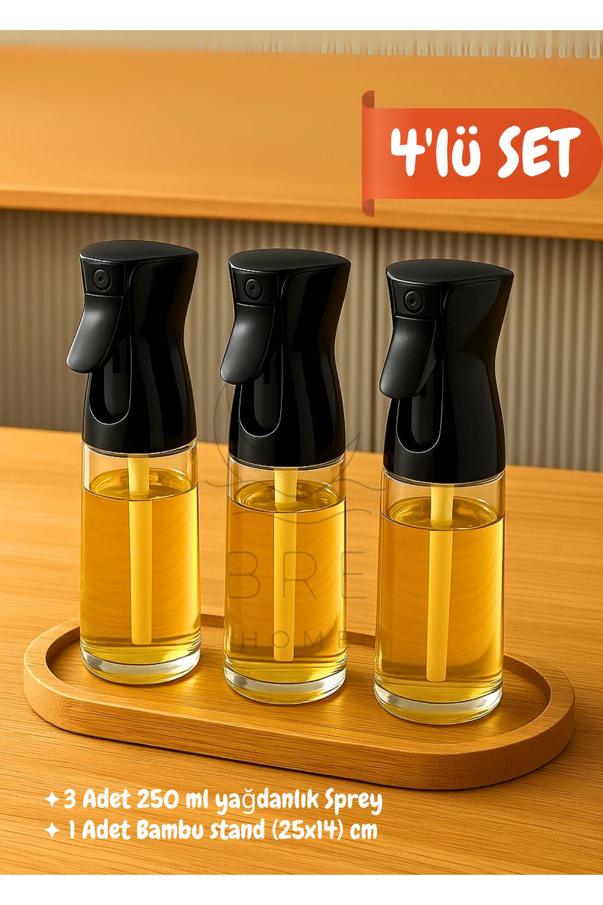 BRE HOME 3'lü Cam Yağ Sprey Şişesi Seti – 250 ml – Bambu Oval Standlı Yağlık – Zeytinyağı, Sirke, Sos için