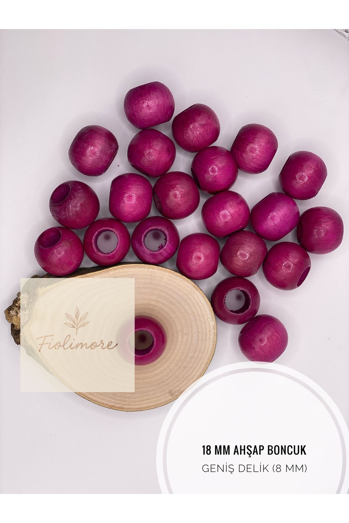Fiolimore Fuşya Pembe Ahşap Boncuk 18 mm (50 Gram 30 Adet) Delik Çapı 8 mm Yuvarlak Tahta Renkli Geniş Delik