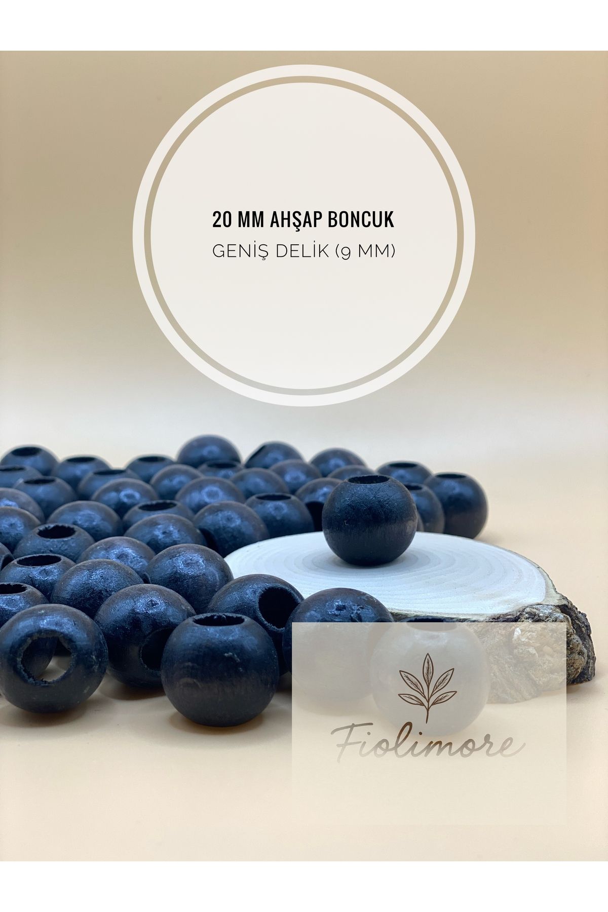 Fiolimore Siyah Ahşap Boncuk 20 mm (50 Gram 22 Adet) Delik Çapı 9 mm Yuvarlak Tahta Renkli Boncuk Geniş Delik