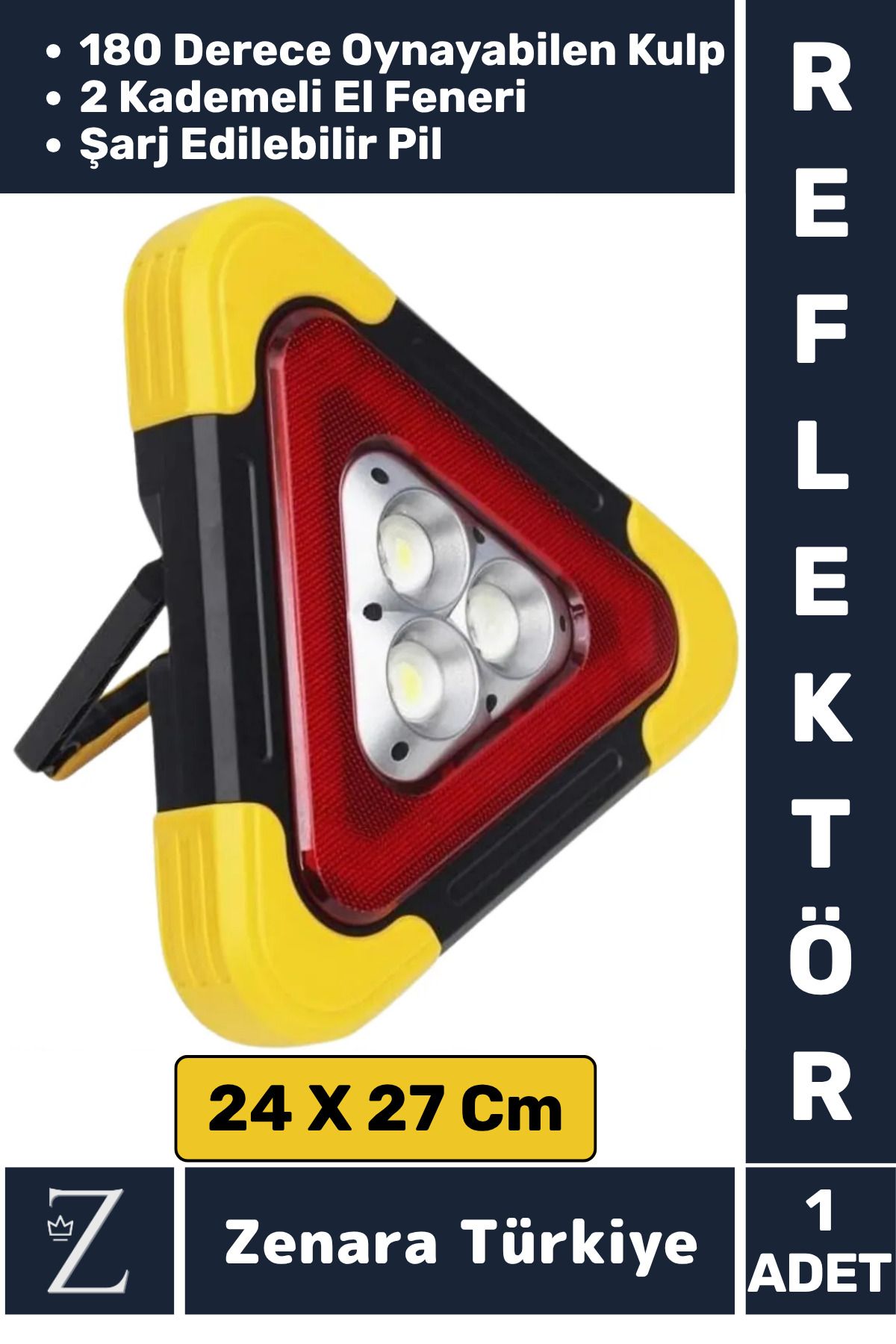 Zenara Dayanıklı USB Solar Enerjili Işıklı 2 Kademe El Feneri Döner Kulp Acil Durum Reflektörü İkaz Lambası