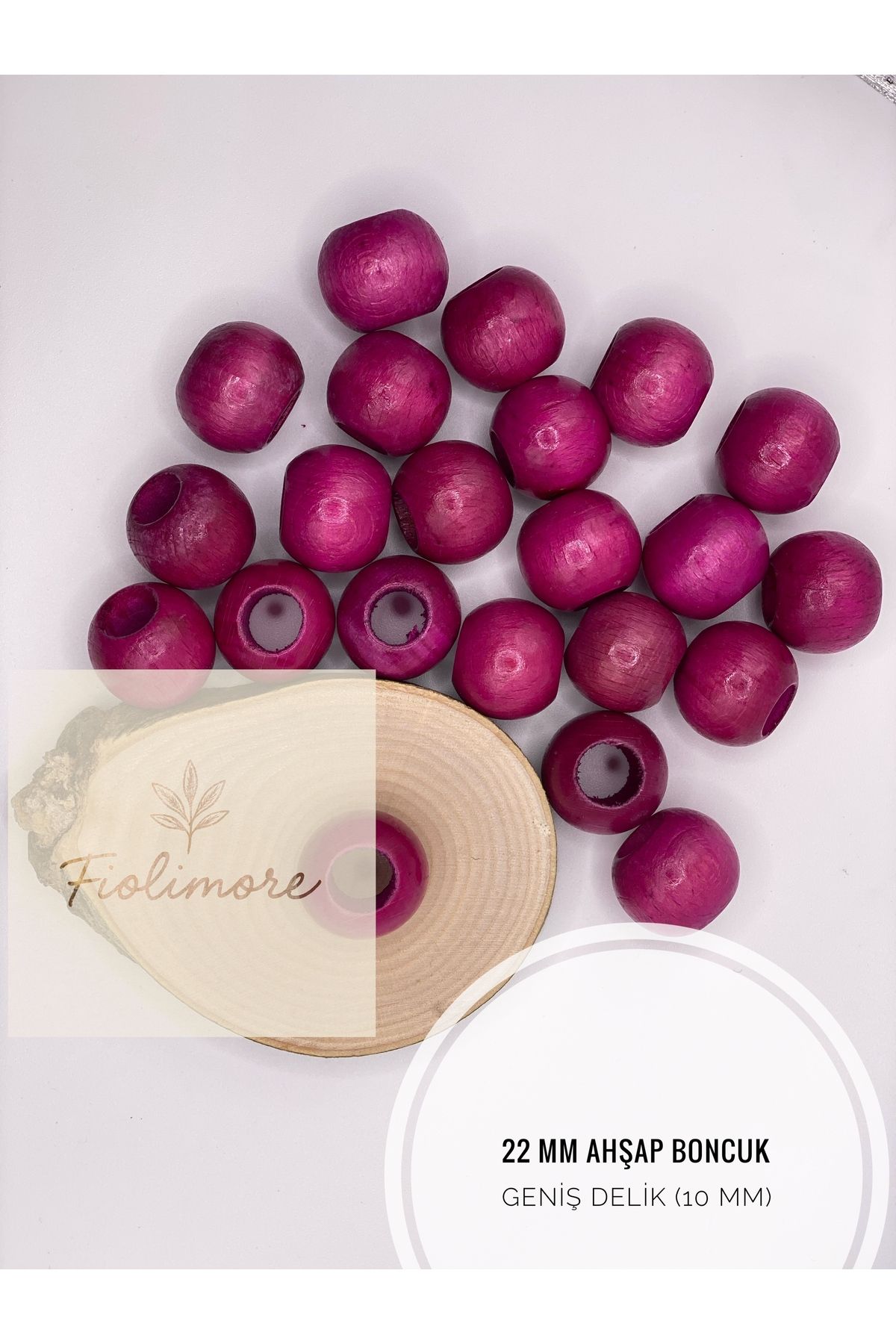 Fiolimore Fuşya Pembe Ahşap Boncuk 22 mm (50 Gram 15 Adet) Delik Çapı 10 mm Yuvarlak Tahta Renkli Geniş Delik
