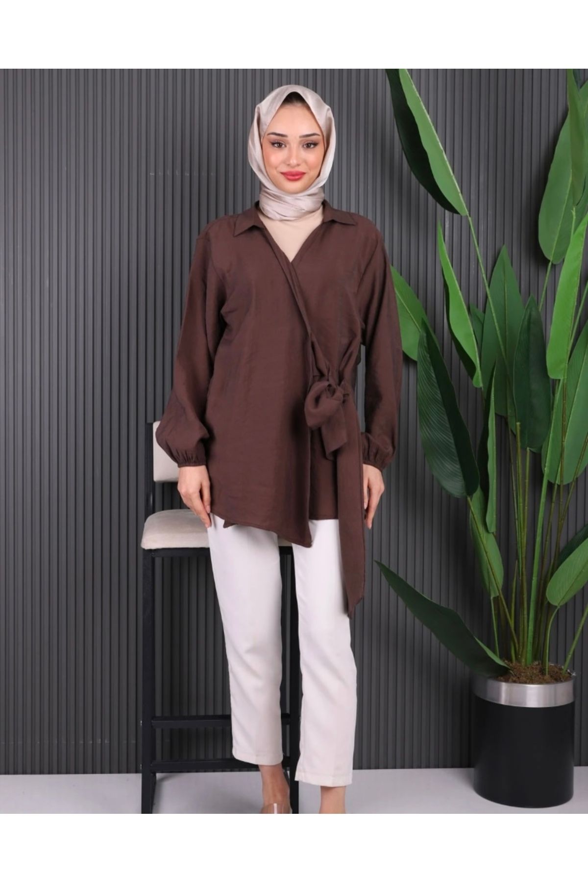 Butik Yan Bağlamalı Kimono Kahverengi