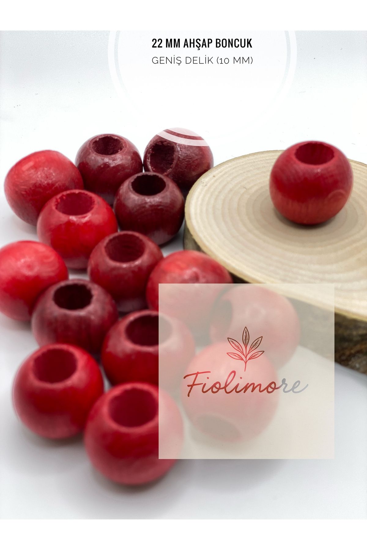 Fiolimore Kırmızı Ahşap Boncuk 22 mm (50 Gram 15 Adet) Delik Çapı 10 mm Yuvarlak Tahta Renkli Geniş Delik