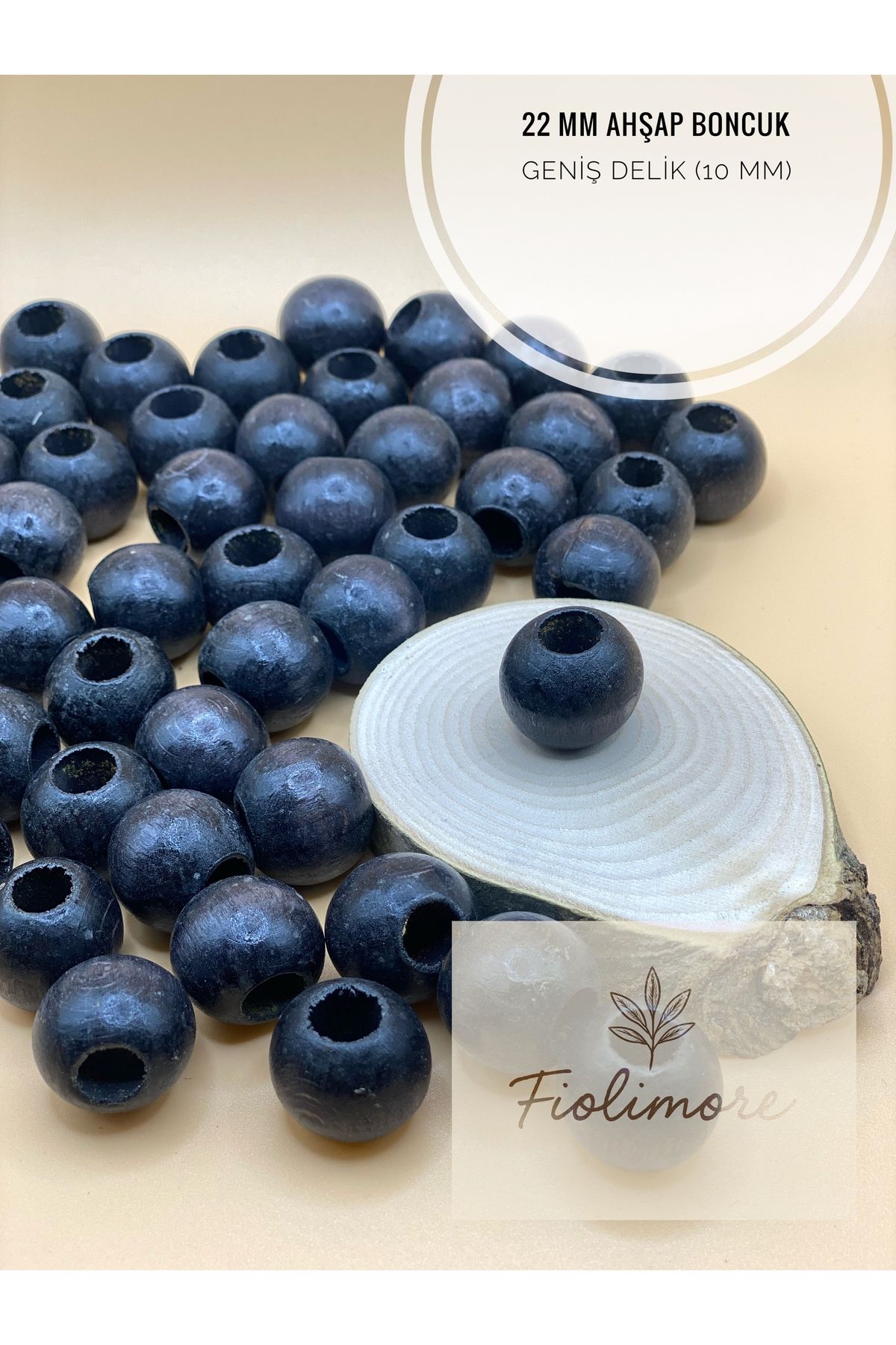 Fiolimore Siyah Ahşap Boncuk 22 mm (50 Gram 15 Adet) Delik Çapı 10 mm Yuvarlak Tahta Renkli Boncuk Geniş Delik