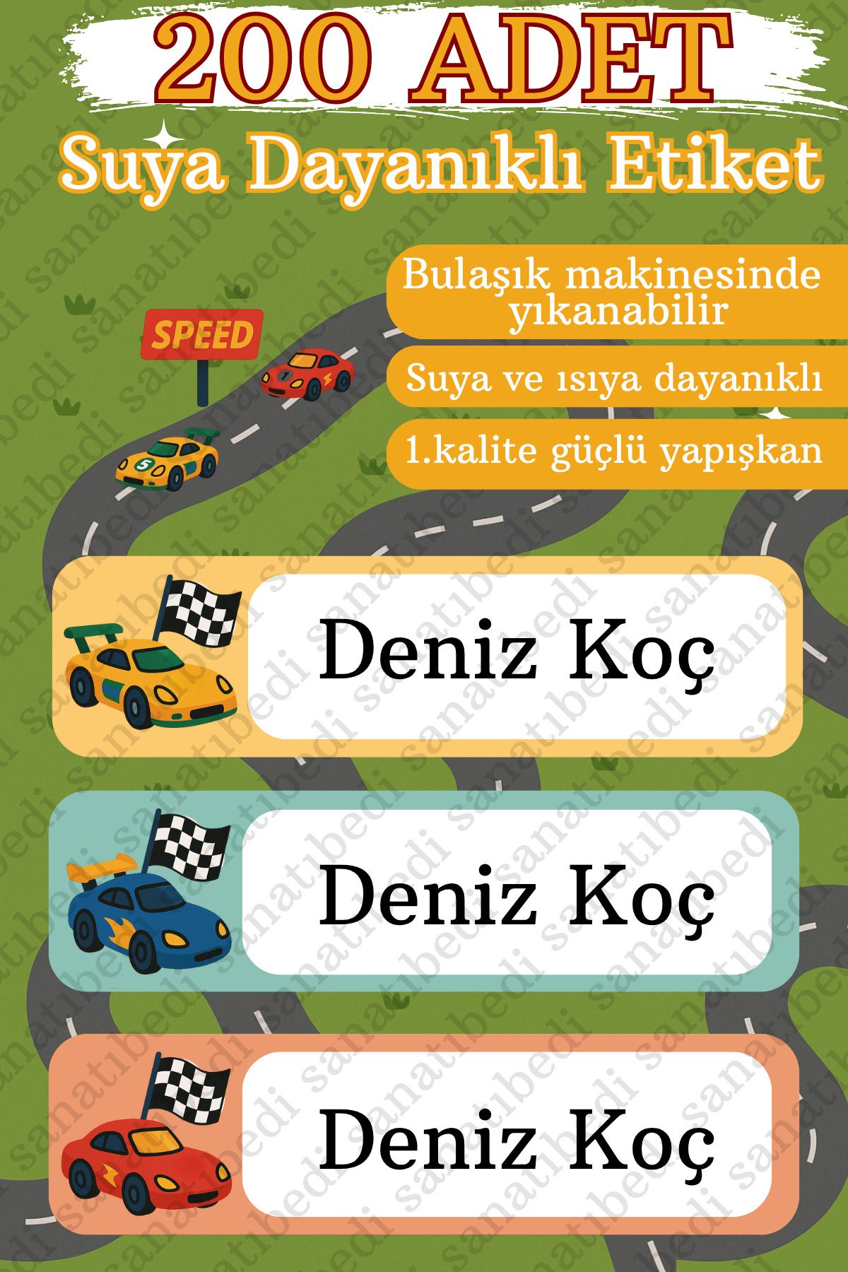 sanatıbedi 200 Adet Suya Dayanıklı Okul Etiketi - Kalem Defter Suluk Özel Isim Yazılabilen Yarış Araba Sticker