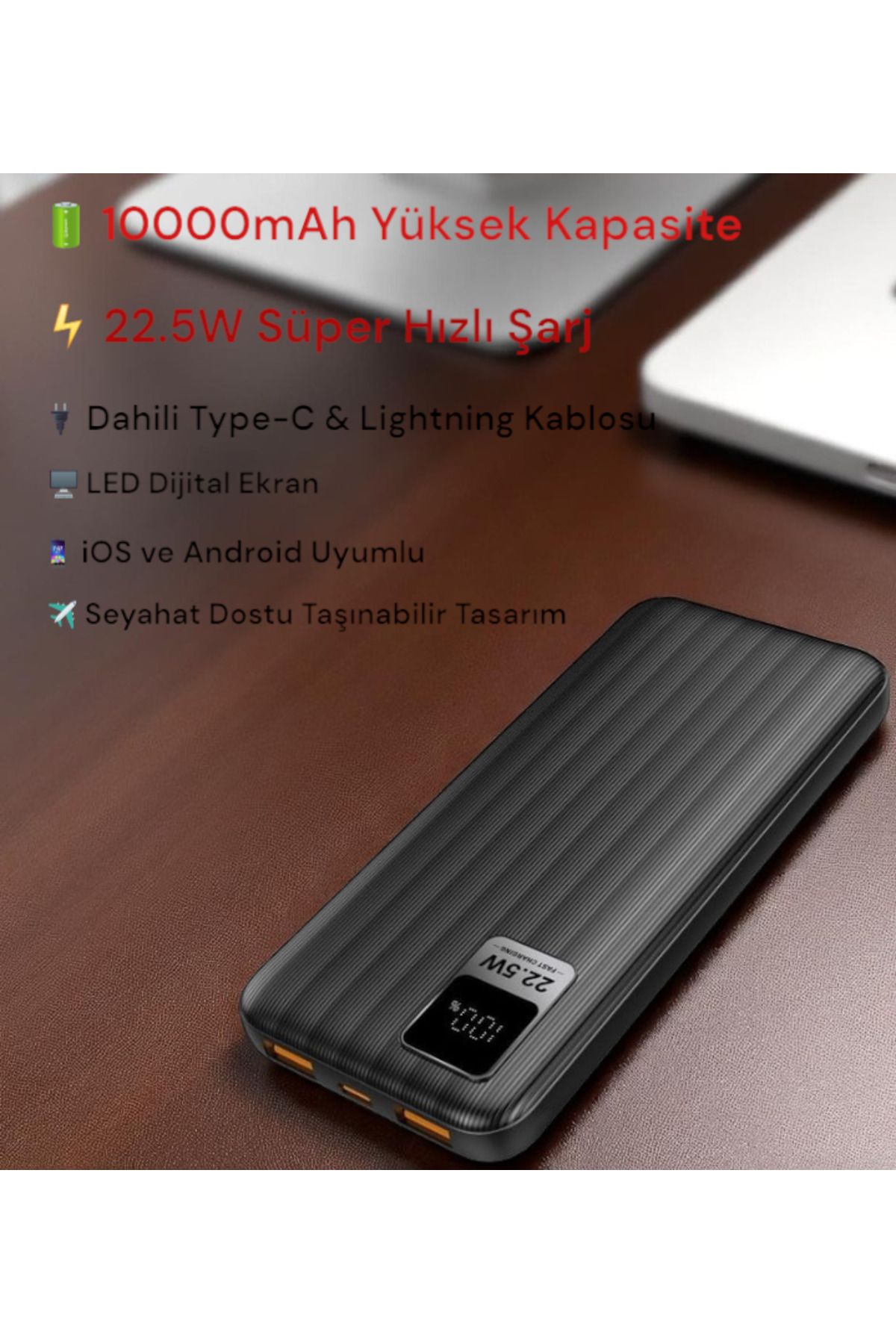 Kılıforyum 20000mAh Powerbank | 22.5W Hızlı Şarj | Dahili Type-C & Lightning Kablo | LED Ekranlı Şarj Cihazı