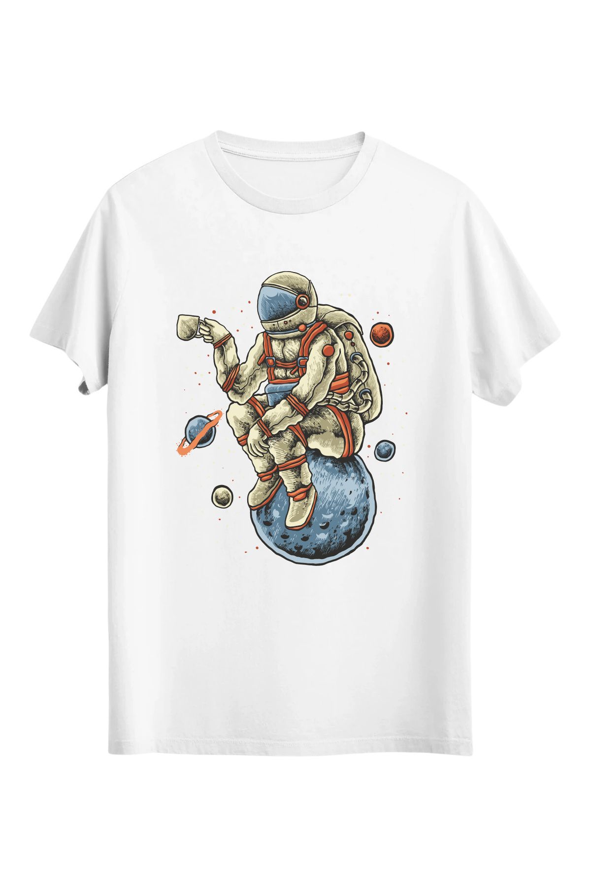 srcmarket Uzay Temalı Tshirt, Kahve içen Astronot Baskılı Unisex Tshirt