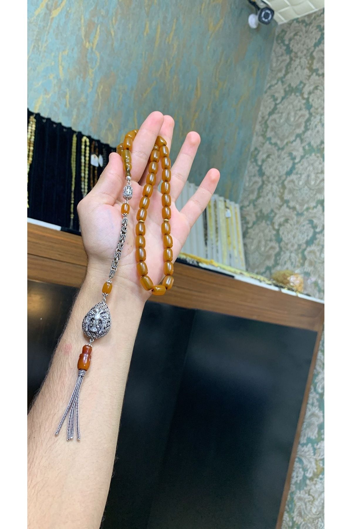 ÇELİKSİLVERTAKI Ağır Gümüş Püsüllü Sıkma Kehribar