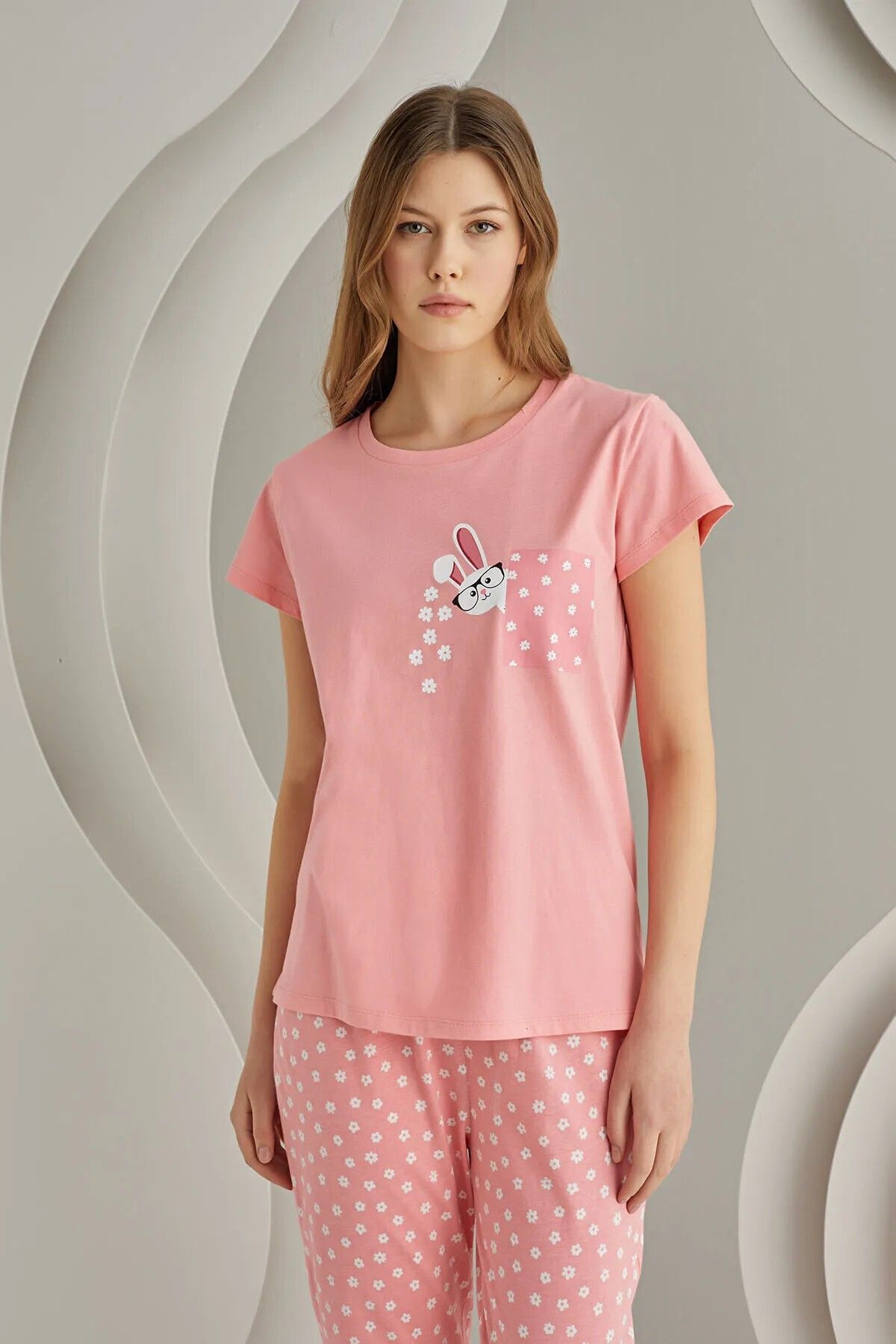 DREAM FASHION Nbb %100 Pamuklu Tavşan Baskılı Kısa Kollu Yazlık Kadın Pijama Takımı Somon