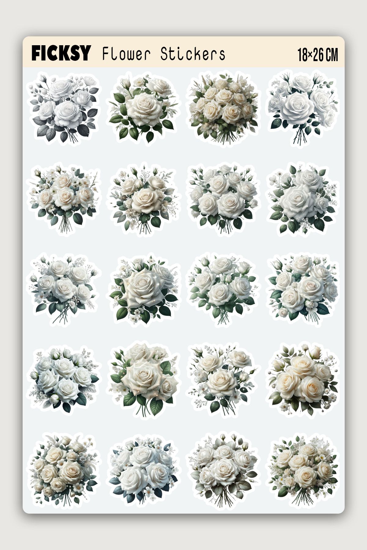 Ficksy Beyaz Gül Çiçek Sticker Seti - 20 Adet Etiket Çıkartma