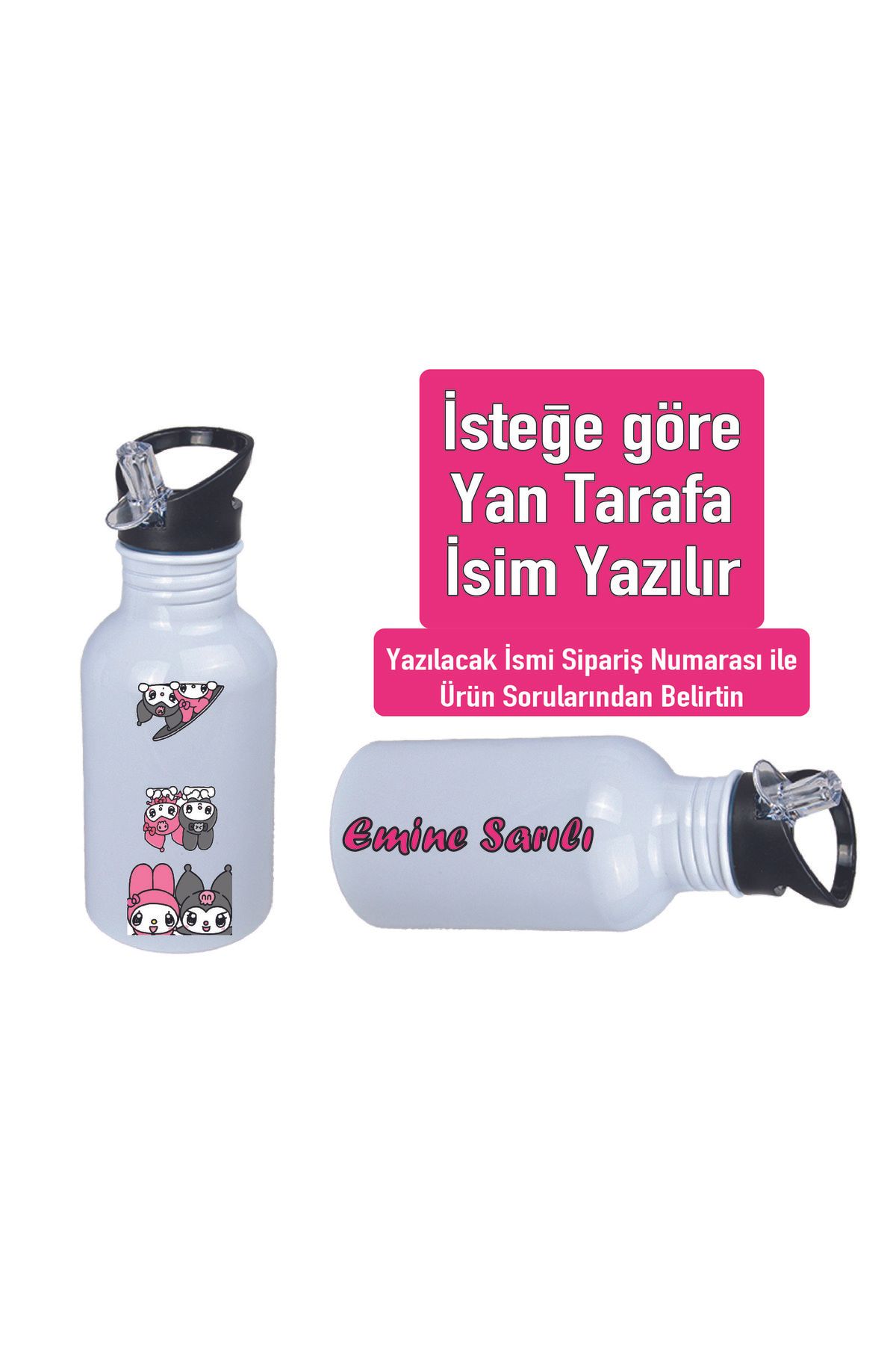 DKDZ SHOP Kuromiii Baskılı Pipetli Kancalı Metal Suluk 600ml. BEYAZ
