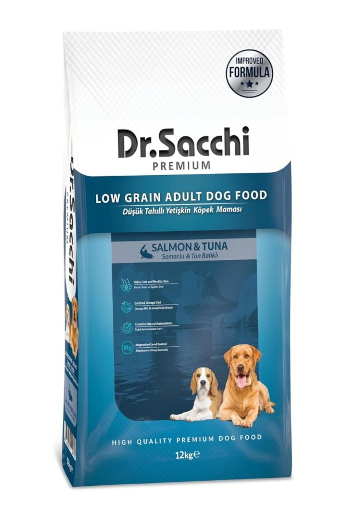 ShopZum Dr.Sacchi Düşük Tahıllı Somonlu Ve Ton Balıklı Yetişkin Köpek Maması 12Kg