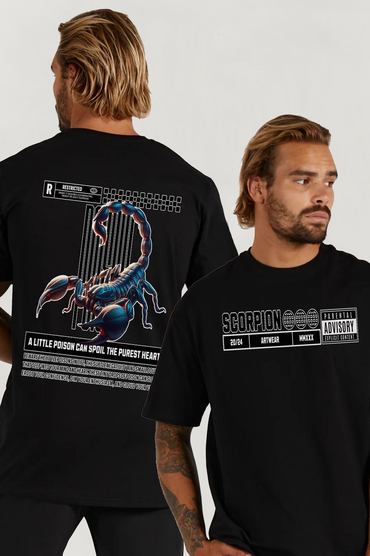 MODA Akrep Scorpion Sırt Baskılı Oversize Kalıp Siyah Geniş Bol Kesim Erkek Tişört