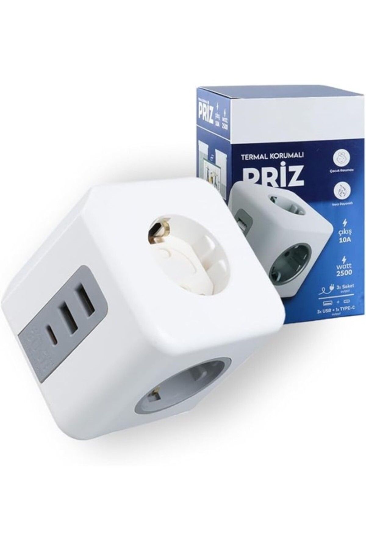 ShopZum Güncelçarşı Termal Akım Korumalı 3&apos;lü Duvar Küp Priz, 2xusb - 1xtype-c (TİP C), Çocuk Korumalı