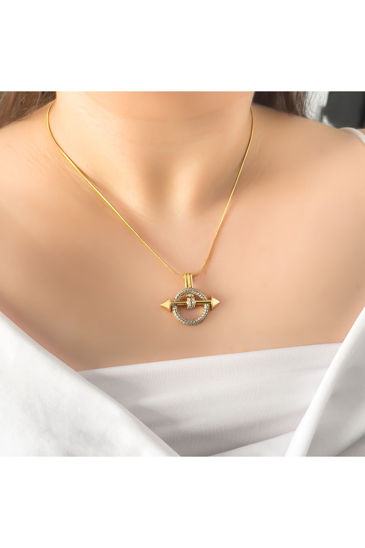 luzzen Stralyn Zirkon Taşlı Çelik Gold Kolye