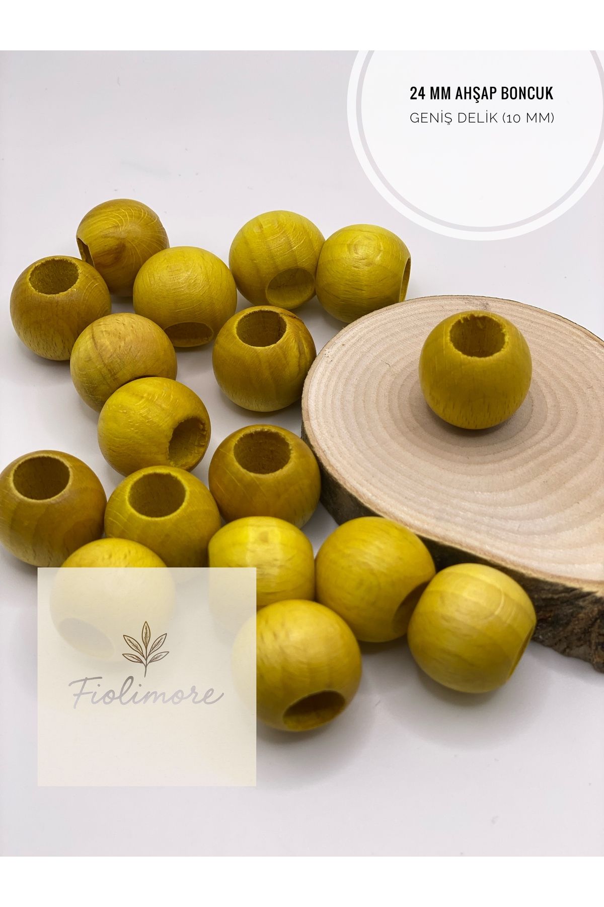 Fiolimore Sarı Ahşap Boncuk 24 mm (50 Gram 14 Adet) Delik Çapı 10 mm Yuvarlak Tahta Renkli Boncuk Geniş Delik