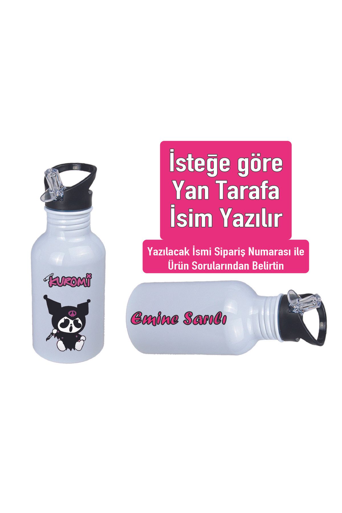 DKDZ SHOP Kuromiii Baskılı Pipetli Kancalı Metal Suluk 600ml. BEYAZ
