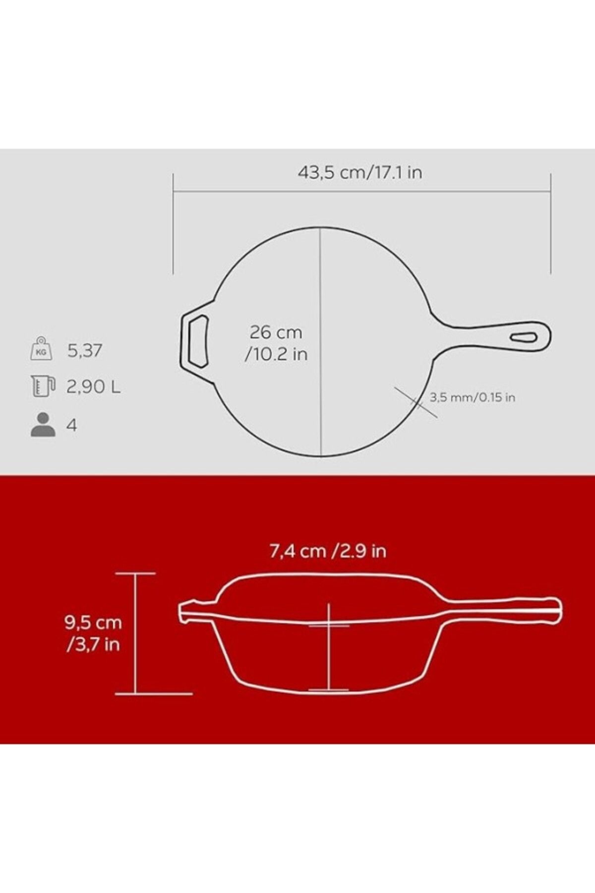 Lava-Casting Combo Deep Skillet / Saucepan and Frying Pan with Handle, with Metal Handle Lid, 26cm, Red 5