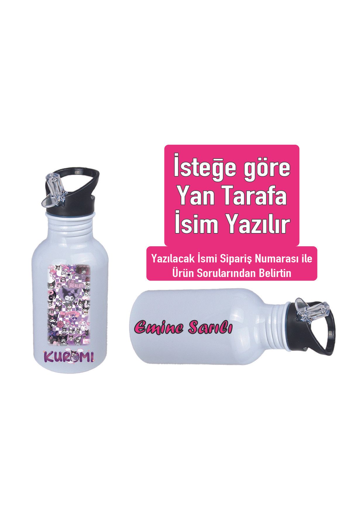 DKDZ SHOP Kuromiii Baskılı Pipetli Kancalı Metal Suluk 600ml. BEYAZ