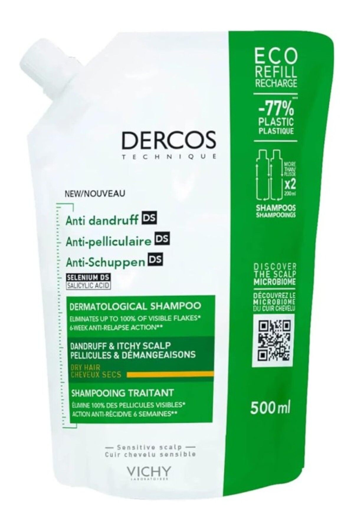 ShopZum Dercos Anti-Dandruff Kepek Karşıtı Bakım Şampuanı, Kuru Saçlar, Yeniden Dolum Paketi 500 Ml