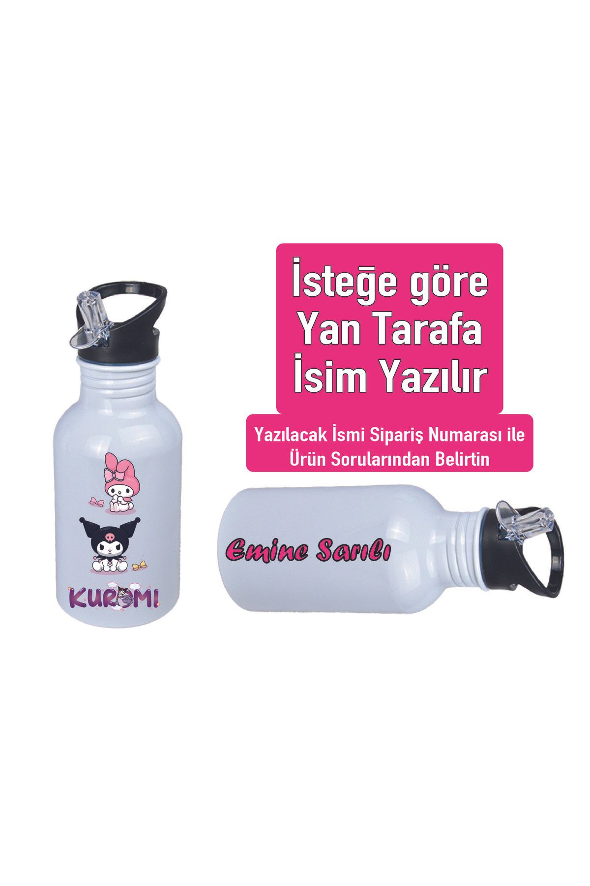 DKDZ SHOP Kuromiii Baskılı Pipetli Kancalı Metal Suluk 600ml. BEYAZ