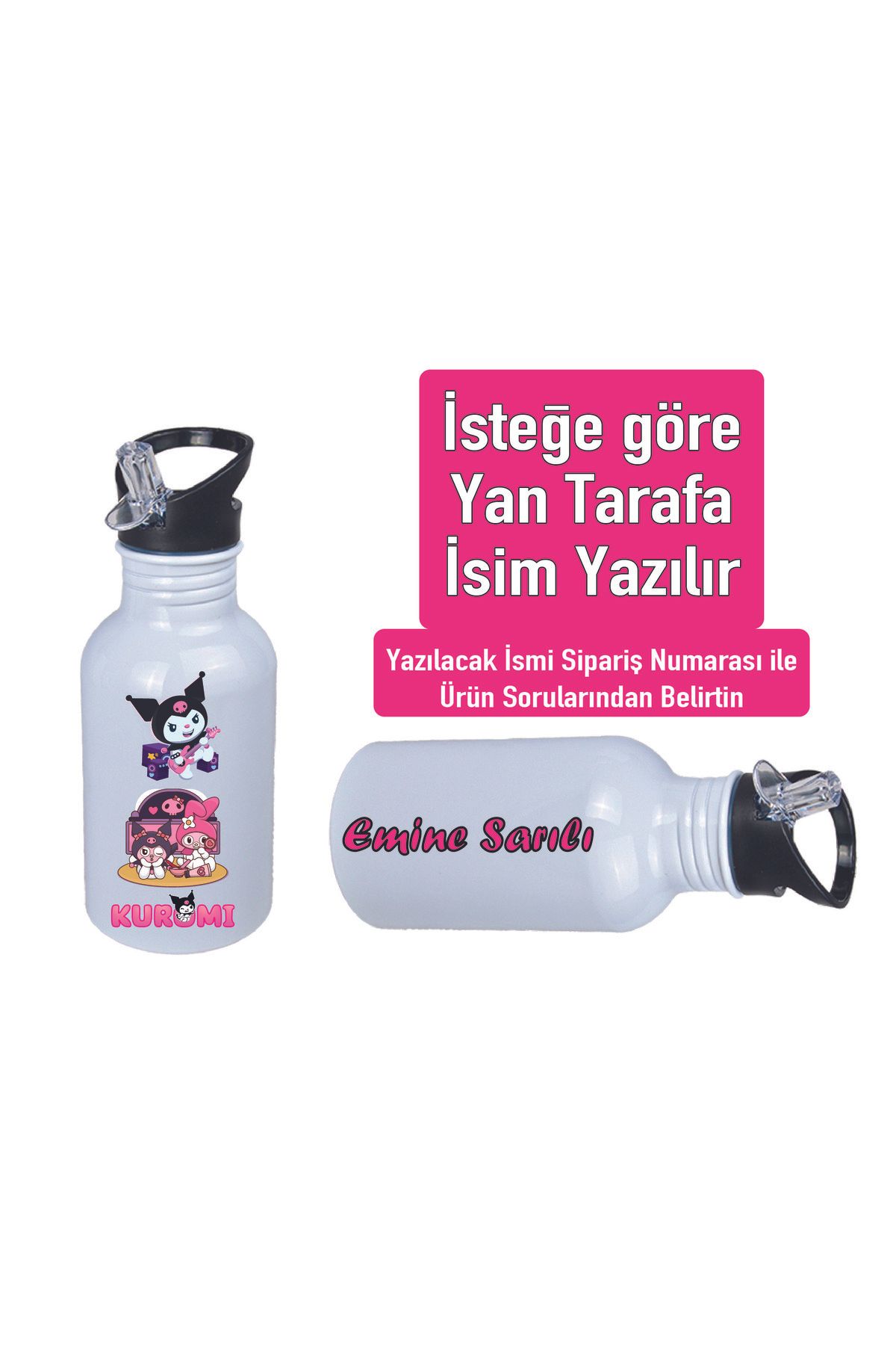 DKDZ SHOP Kuromiii Baskılı Pipetli Kancalı Metal Suluk 600ml. BEYAZ