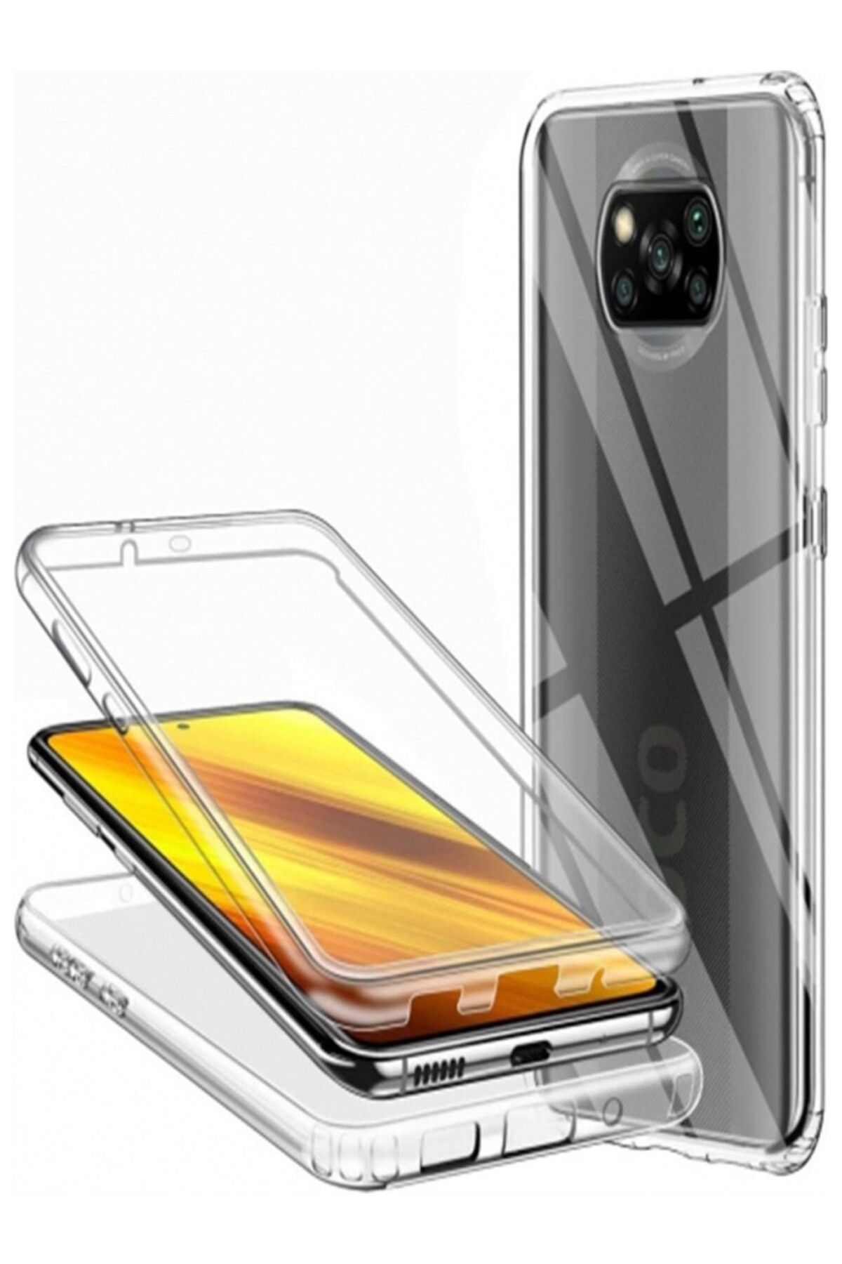 TezMax Poco X3 Uyumlu 360° Ön Arka Tam Koruyucu Şeffaf Silikon Full Body Kılıf