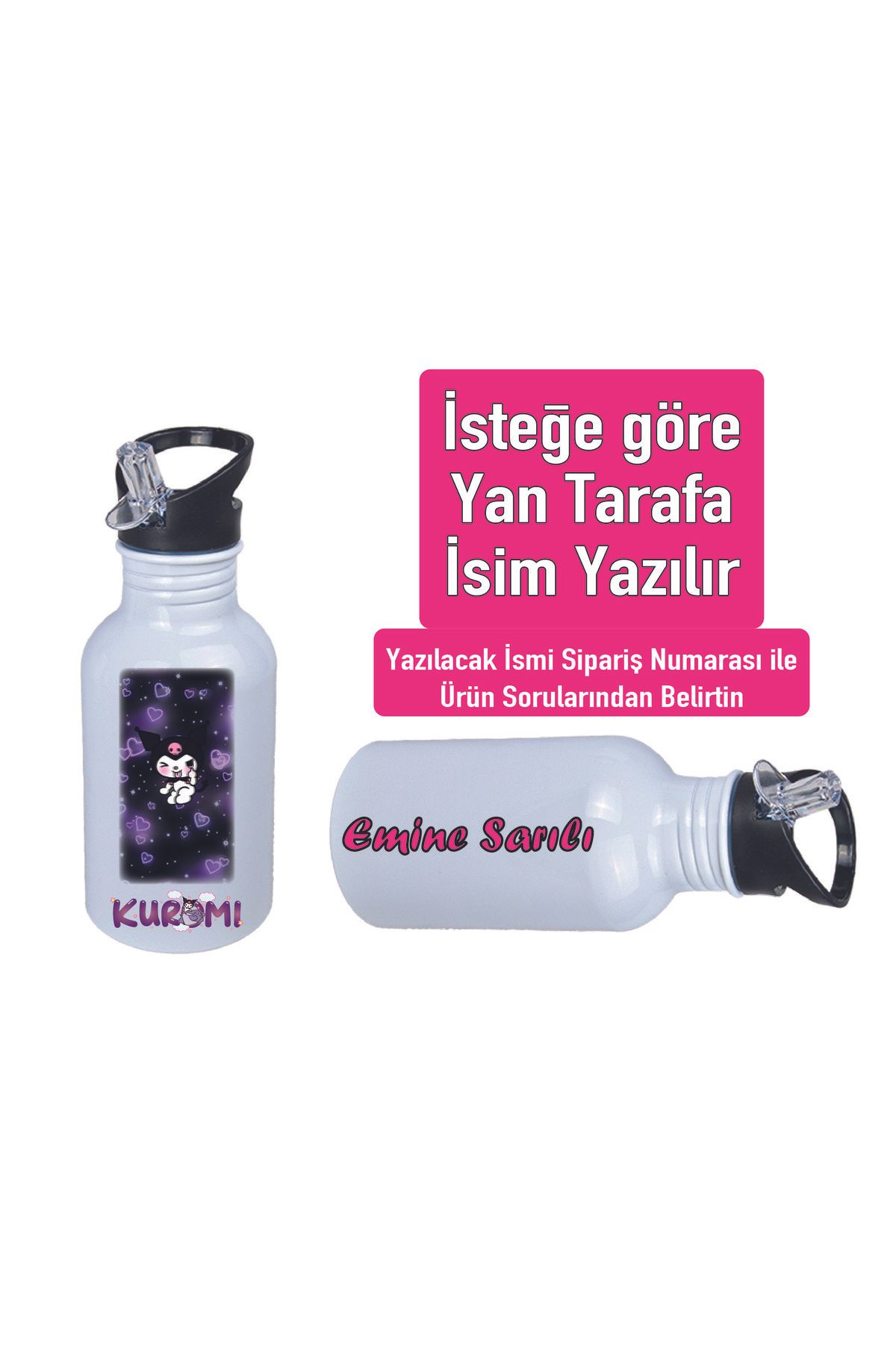 DKDZ SHOP Kuromiii Baskılı Pipetli Kancalı Metal Suluk 600ml. BEYAZ