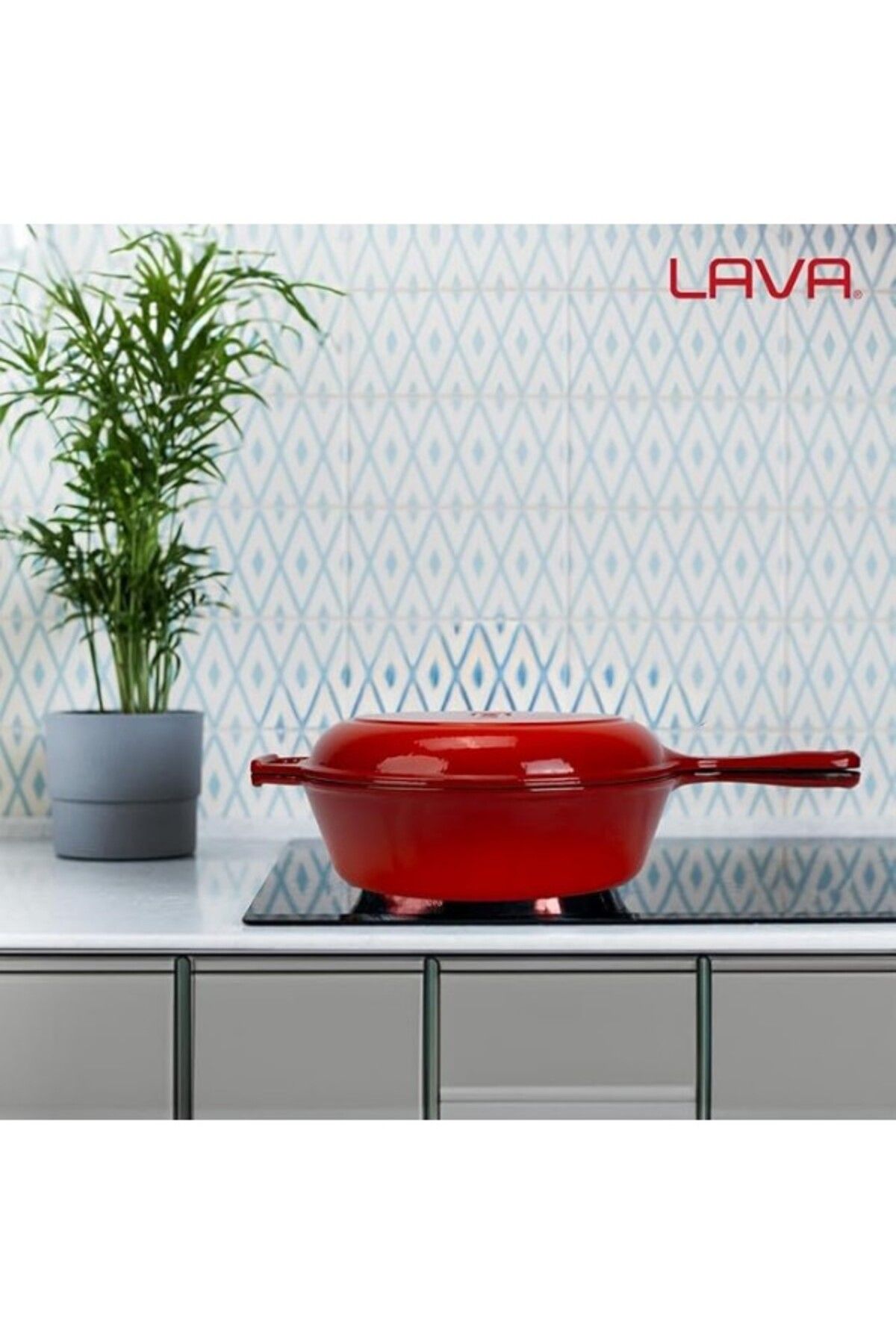 Lava-Casting Combo Deep Skillet / Saucepan and Frying Pan with Handle, with Metal Handle Lid, 26cm, Red 7