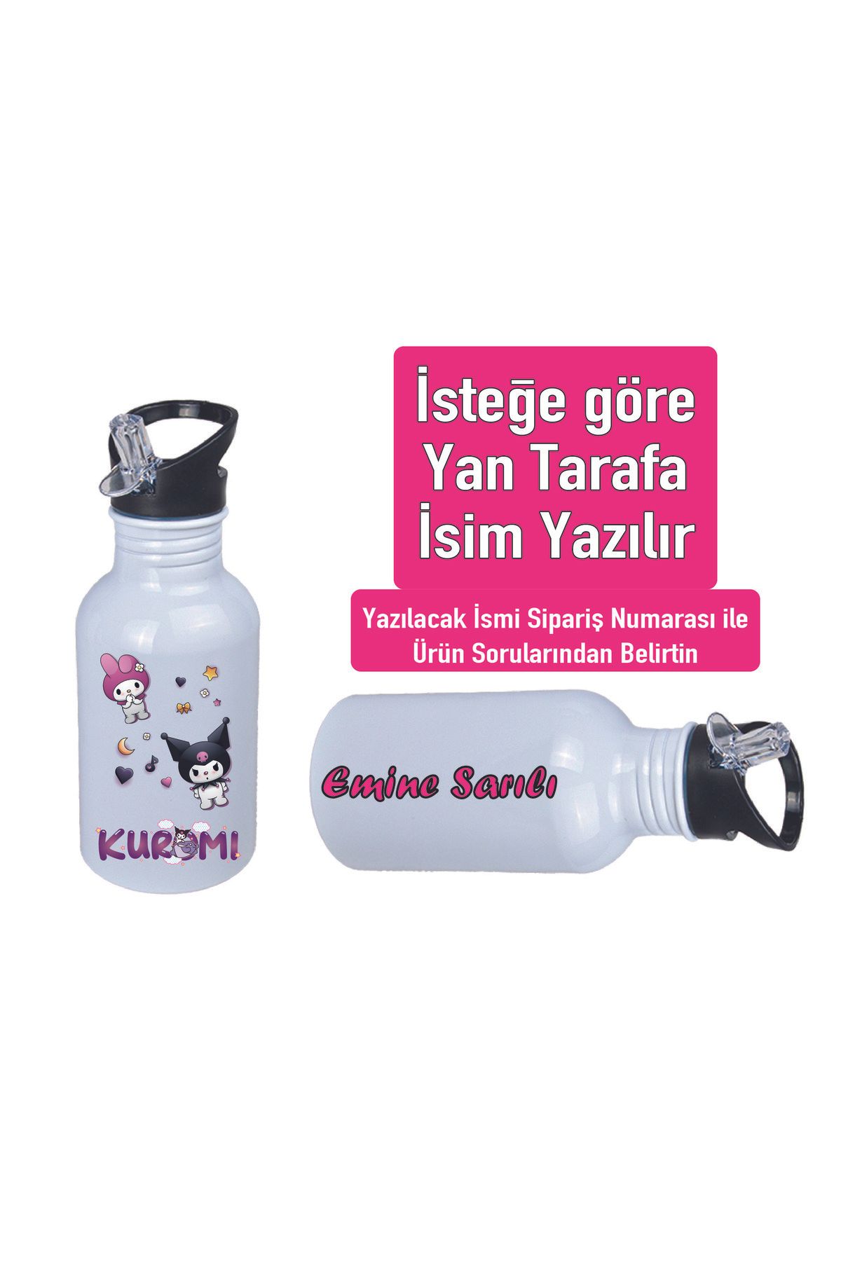 DKDZ SHOP Kuromiii Baskılı Pipetli Kancalı Metal Suluk 600ml. BEYAZ